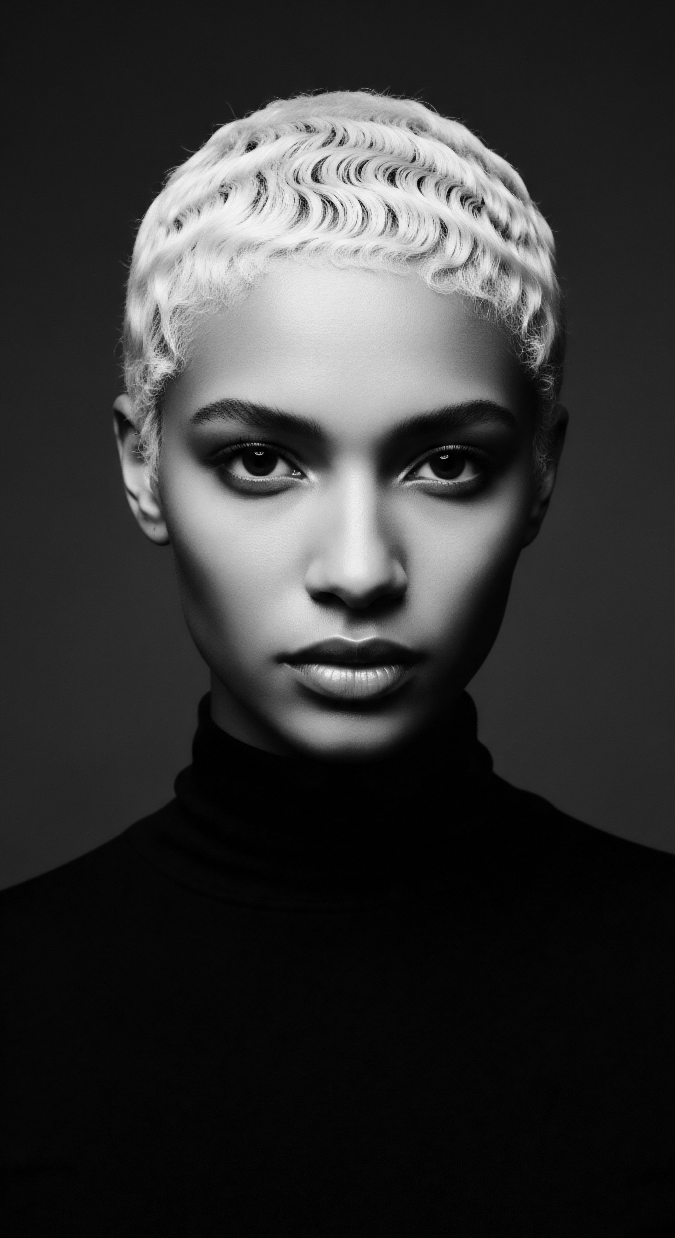 Monochrome Portrait of Woman with Platinum Blonde Finger Wave Hairstyle This evocative monochromatic image highlights a woman's platinum blonde finger waves, a testament to timeless styling and heritage. The strong play of light and shadow accentuates her refined features, connecting contemporary fashion with ancestral echoes of sophisticated beauty rituals, offering a refined view of textured hair expression.