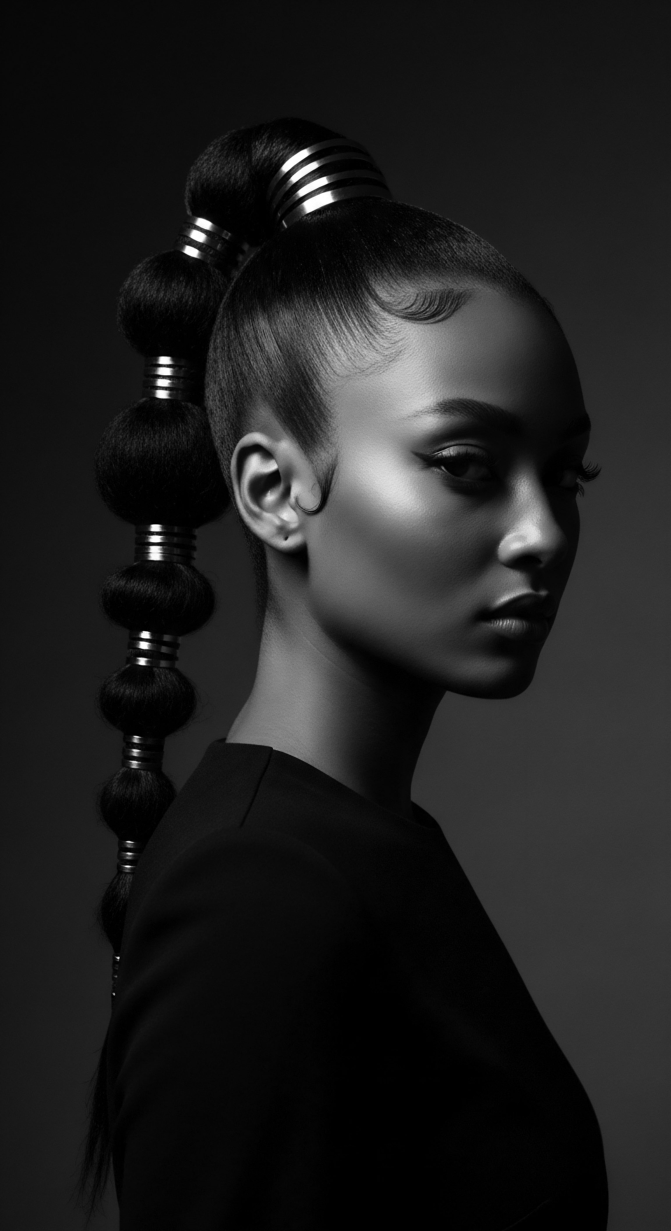 Monochrome Portrait of Woman with Sculptural Ponytail and Polished Coils The portrait captures refined hair artistry, where the sculpted ponytail with metallic banding represents a modern interpretation of Black hair traditions. The polished coils and expertly applied makeup create a harmonious blend of strength and grace, reflecting cultural identity through expressive styling.