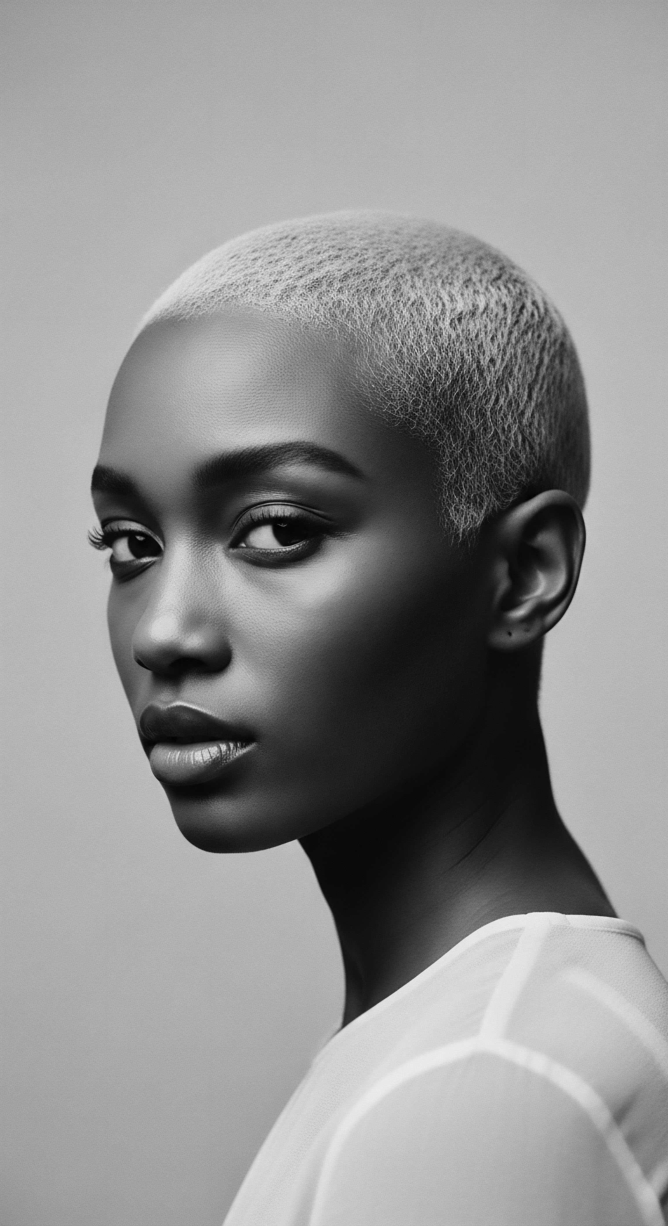 Monochrome Portrait of Woman with Short Platinum Blonde Afro Textured Hair The monochrome study emphasizes the woman’s elegant features framed by her platinum blonde afro textured hair, a nod to expressive style within mixed-race hair narratives. The close crop fosters an intimate connection with the viewer, reinforcing holistic beauty ideals and textured hair pride through ancestral heritage.
