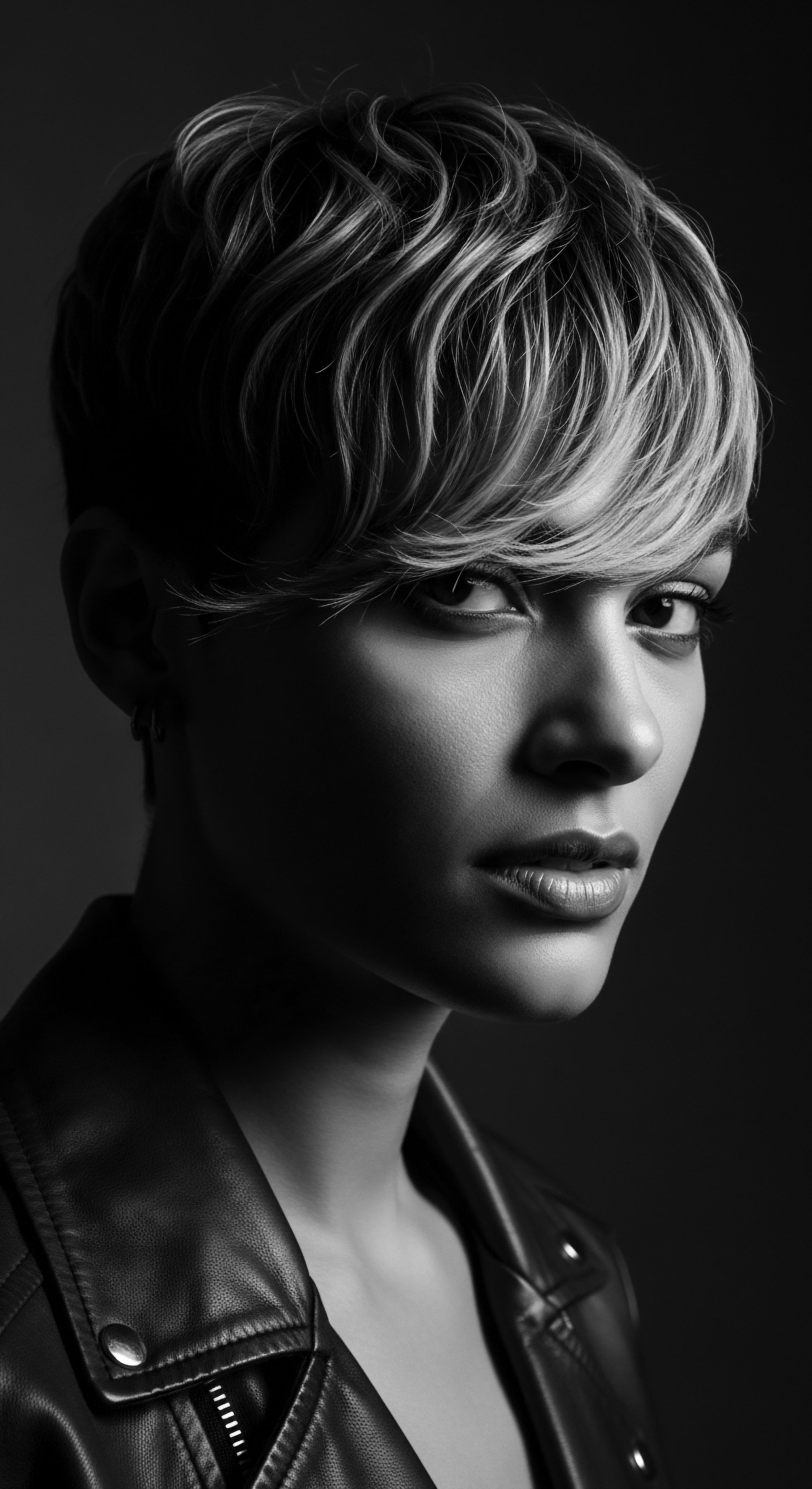 This evocative monochrome portrait captures a woman's essence through the interplay of light, shadow, and textures. Her expertly textured hairstyle paired with the bold leather jacket, is indicative of self-assured expression within the evolving narrative of contemporary hair aesthetics and personal style.