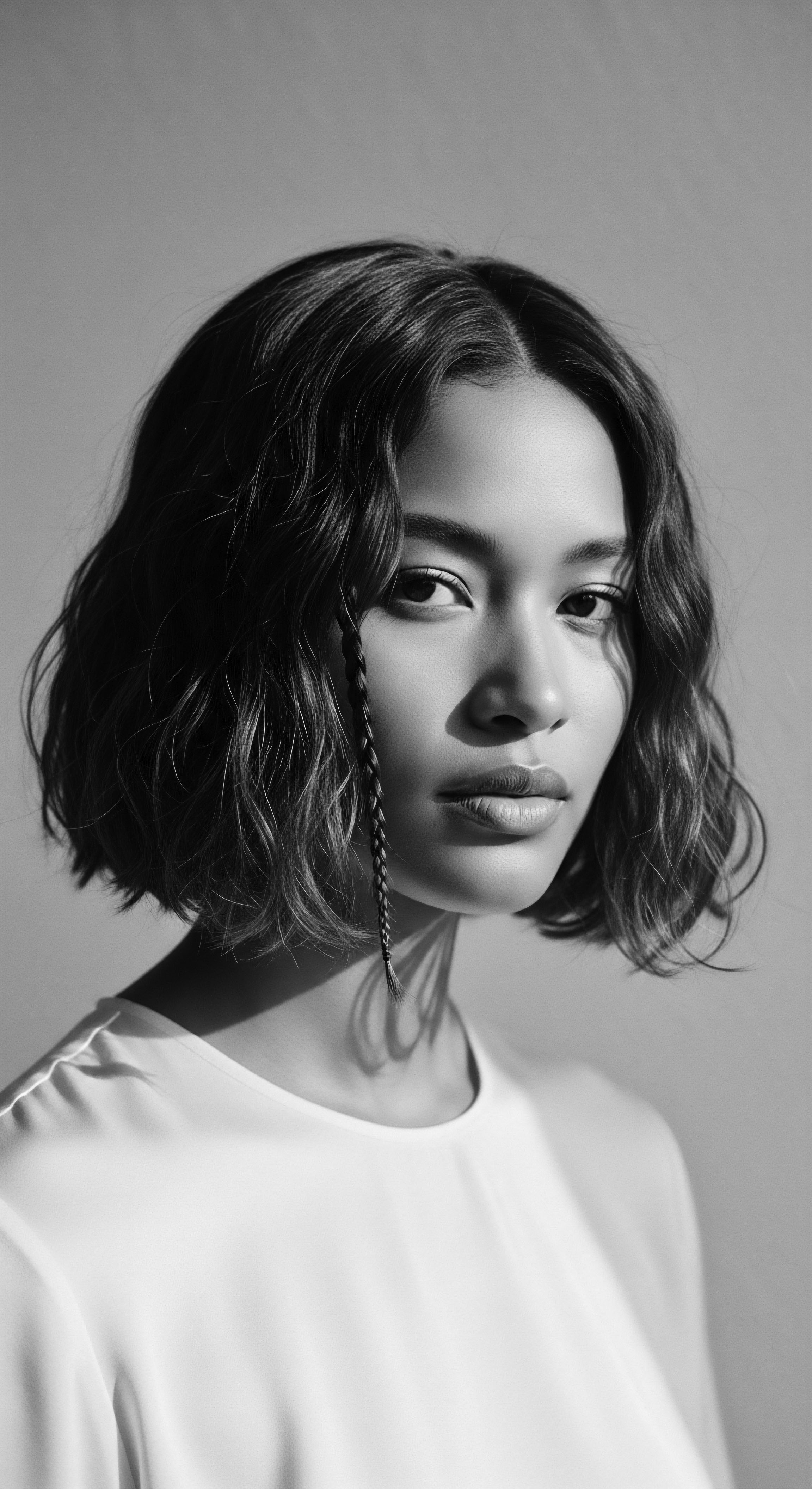 Monochrome Portrait Of Woman With Short Wavy Textured Hair And Braid This study in monochrome celebrates the elegance of short, wavy hair, with a braid subtly accentuating the face. The portrait underscores the beauty and diversity of textured hair, reflecting both ancestral pride and a modern approach to expressive, minimalist styling choices.
