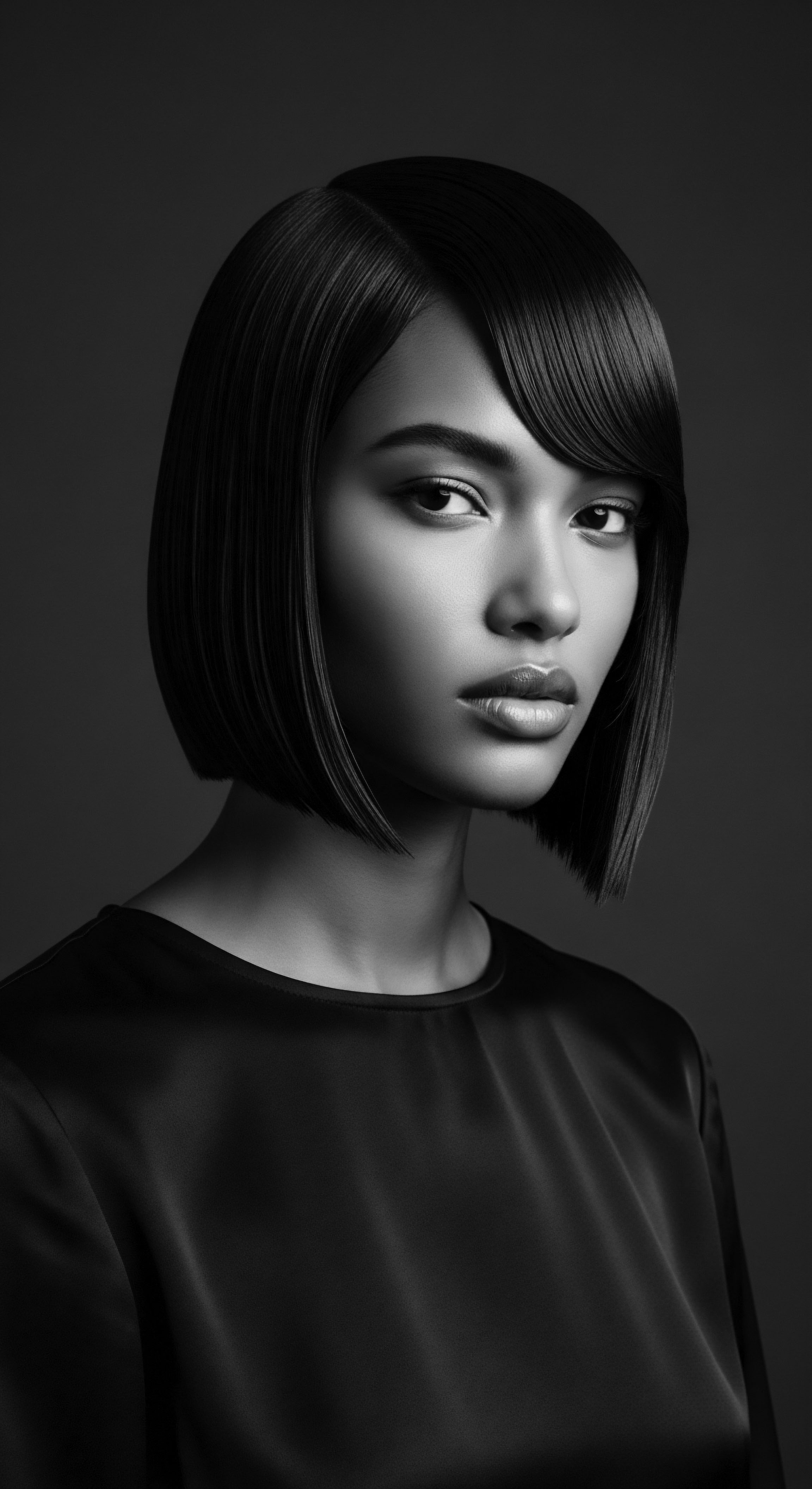 This striking portrait utilizes monochrome tones to celebrate the sleek precision of a contemporary bob, a stylish visual statement that honors both form and texture, inviting viewers to appreciate the artistry in refined presentation. The sharp contrast highlights the haircut's elegance and the woman's poise.