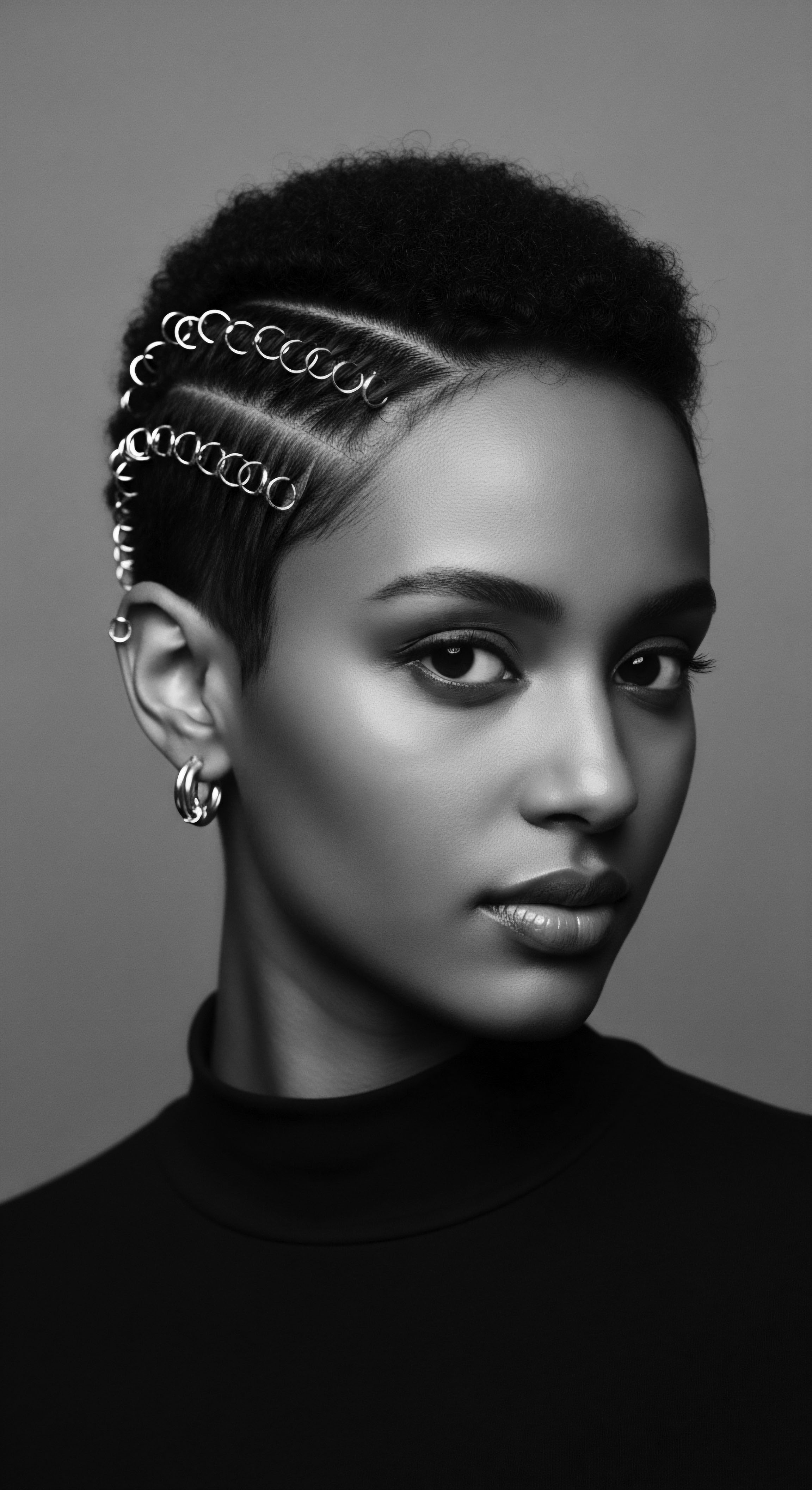 Monochrome Portrait of Woman with Textured Hair and Decorative Silver Rings This striking image offers a modern exploration of textured hair identity, intertwining tradition and contemporary expression through metallic embellishments, while invoking a sense of strength and heritage. The monochrome palette accentuates detail and pattern, underscoring beauty and the elegance of holistic styling.