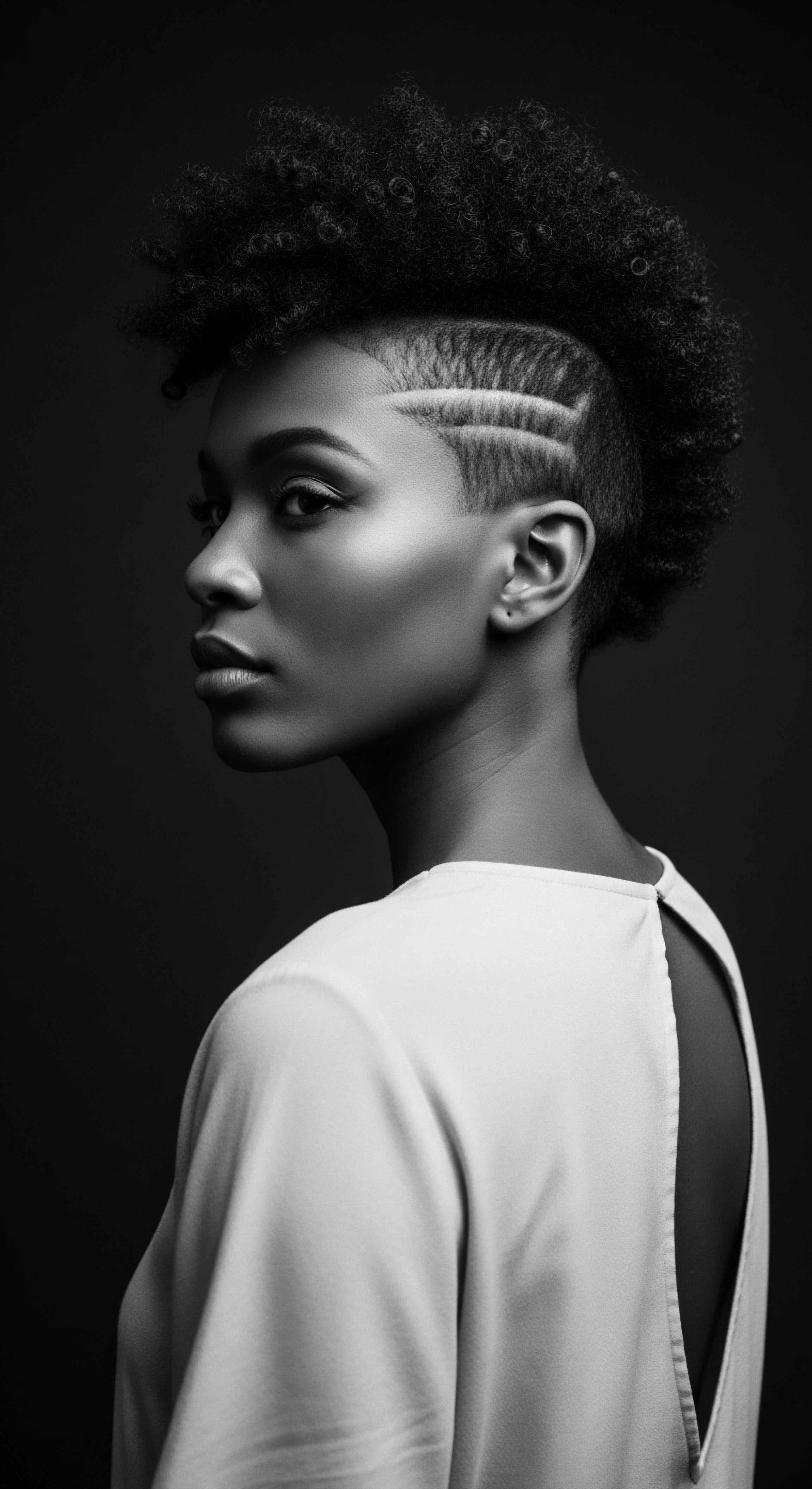 A striking black and white portrait features a woman with tightly coiled textured hair styled in a modern, shaved design with precise parallel lines along the temple. The lighting accentuates her smooth skin and sculptured features, highlighting the unique formation of her hair. She wears a simple white garment.