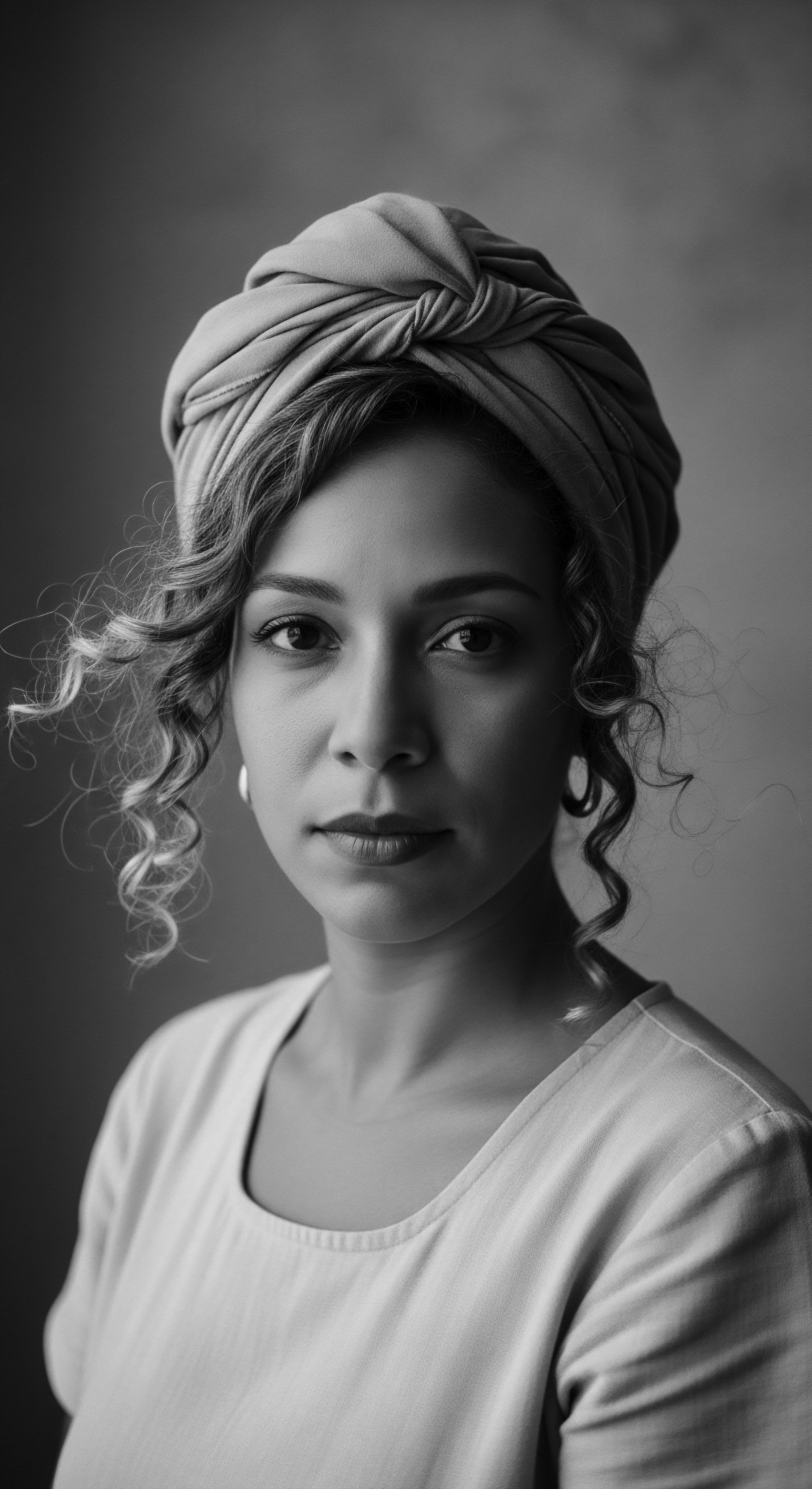 Monochrome Portrait of Woman with Textured Hair Wrapped in Elegant Turban This striking portrait in monochrome celebrates the elegant fusion of cultural heritage and modern aesthetics. Textured hair, artfully adorned with a turban, captures a moment of serene beauty. The study of light and shadow further accentuates the woman's features, invoking a sense of timelessness, resilience, and proud celebration of identity.