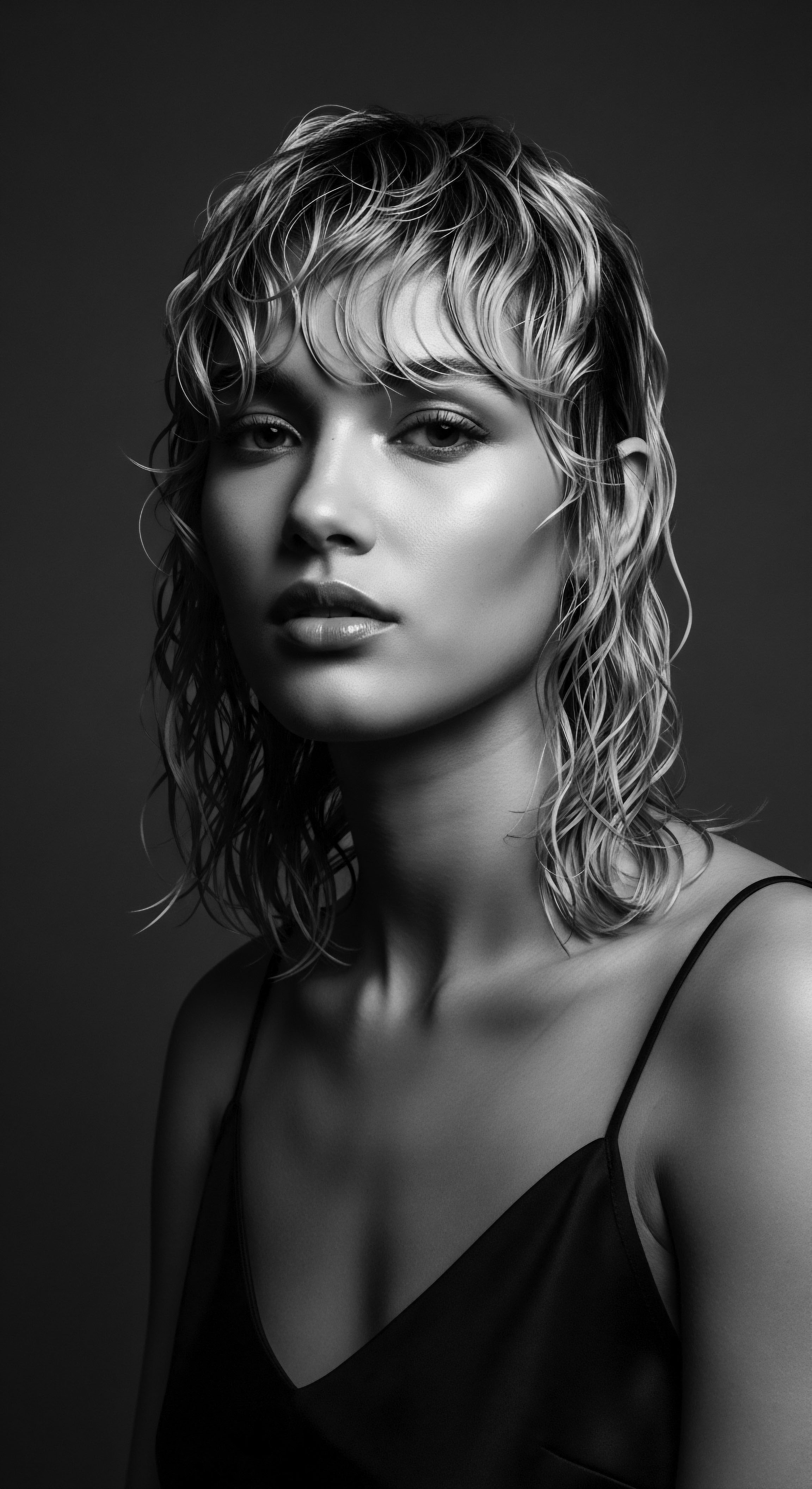 Monochrome Portrait of Woman with Wet Wavy Textured Hair and Glow The monochromatic portrait encapsulates a moment of styled textured hair, where light and shadow dance on the wave formation. The image honors the beauty of wet styling, reflecting both ancestral heritage and an embrace of holistic hair care and modern aesthetic expression.