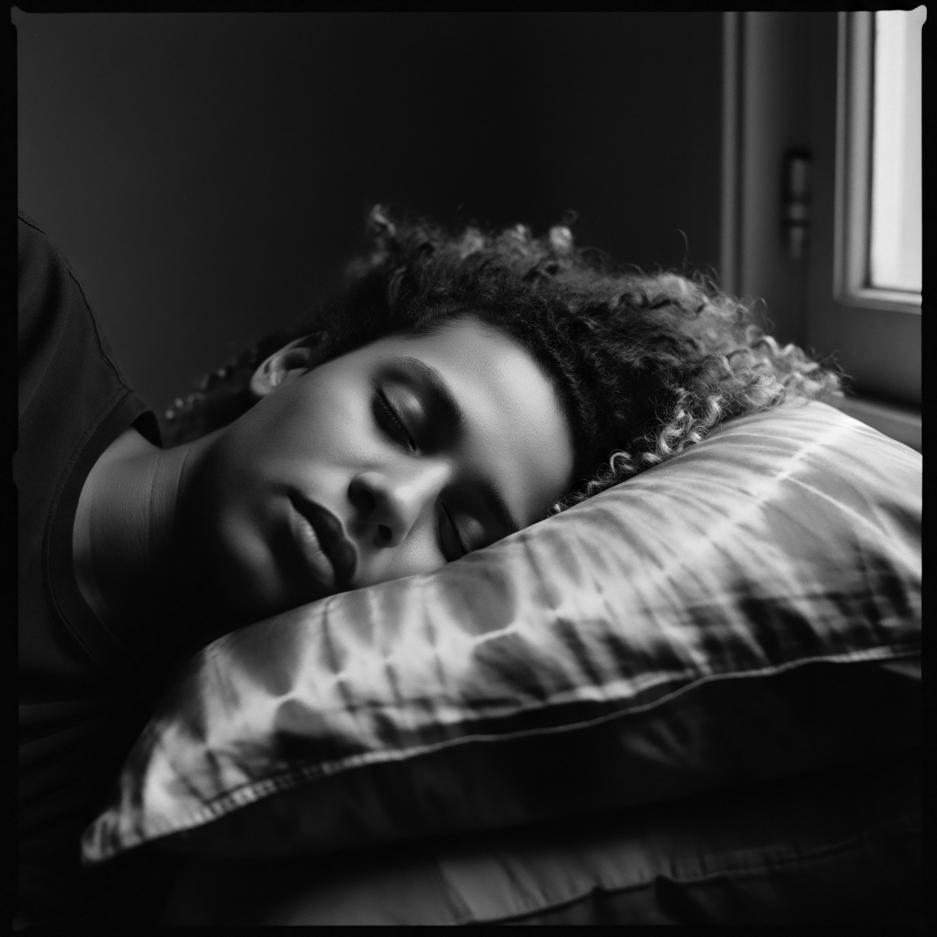 Monochrome Portrait of Young Person Resting with Textured Hair Details The monochromatic study evokes a sense of calm while hinting at ancestral heritage, as the softly lit coiled textured hair suggests holistic care traditions passed down through generations, showcasing a commitment to hair wellness and historical hair care practices honoring resilient formations.