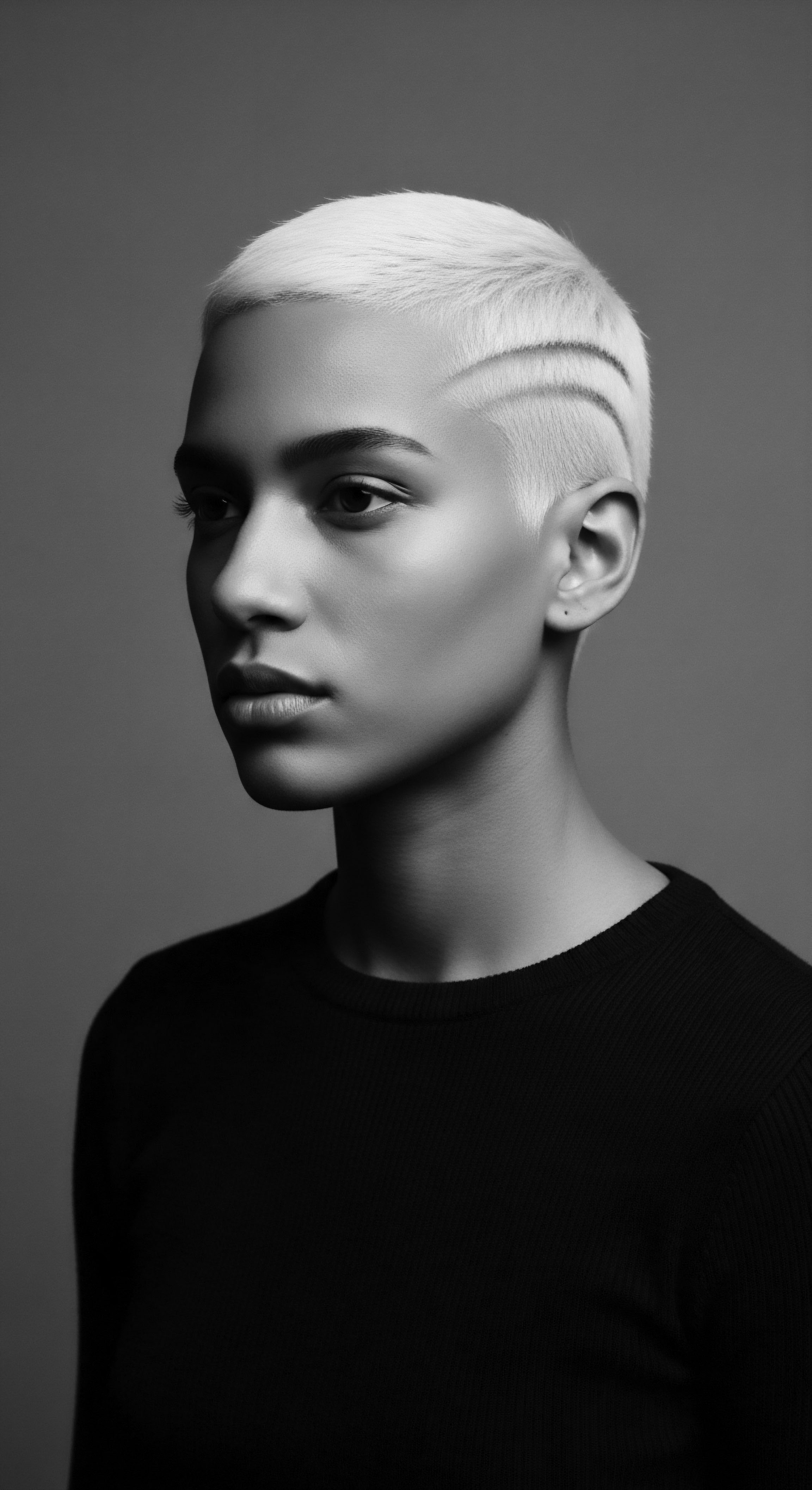 Monochrome Portrait of Young Person with Short Platinum Textured Hair Design The monochrome palette and sculpted lines of the platinum hair create a modern aesthetic. The portrait evokes themes of self-expression and minimalist beauty within diverse hair identities, highlighting heritage-conscious style and the artistry of textured hair design, while accentuating individual features and character.