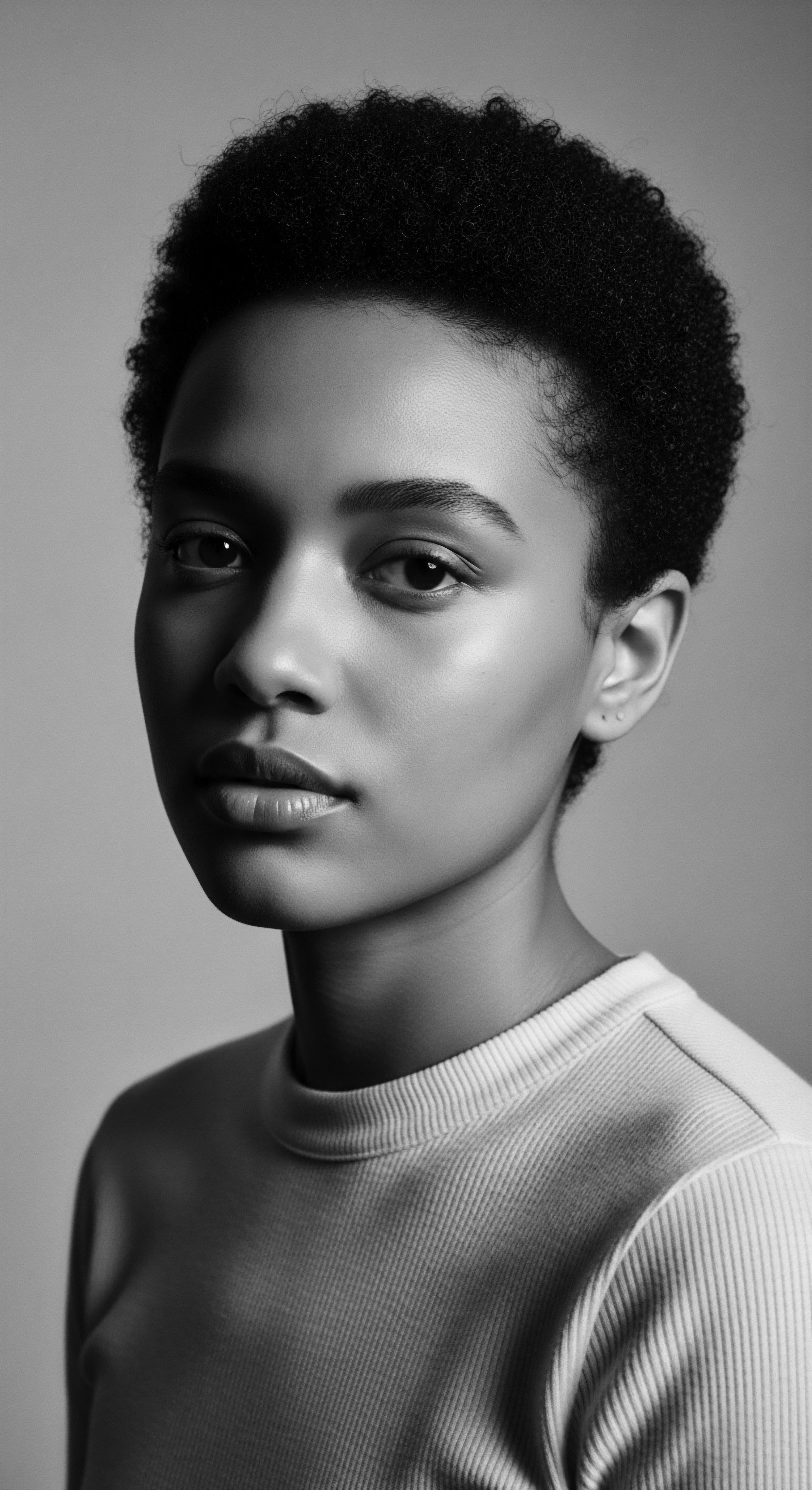 This evocative portrait captures a moment of introspective beauty, showcasing natural afro texture as a symbol of ancestral pride and personal expression the interplay of light and shadow accentuates the inherent grace of self acceptance, promoting holistic hair care values.