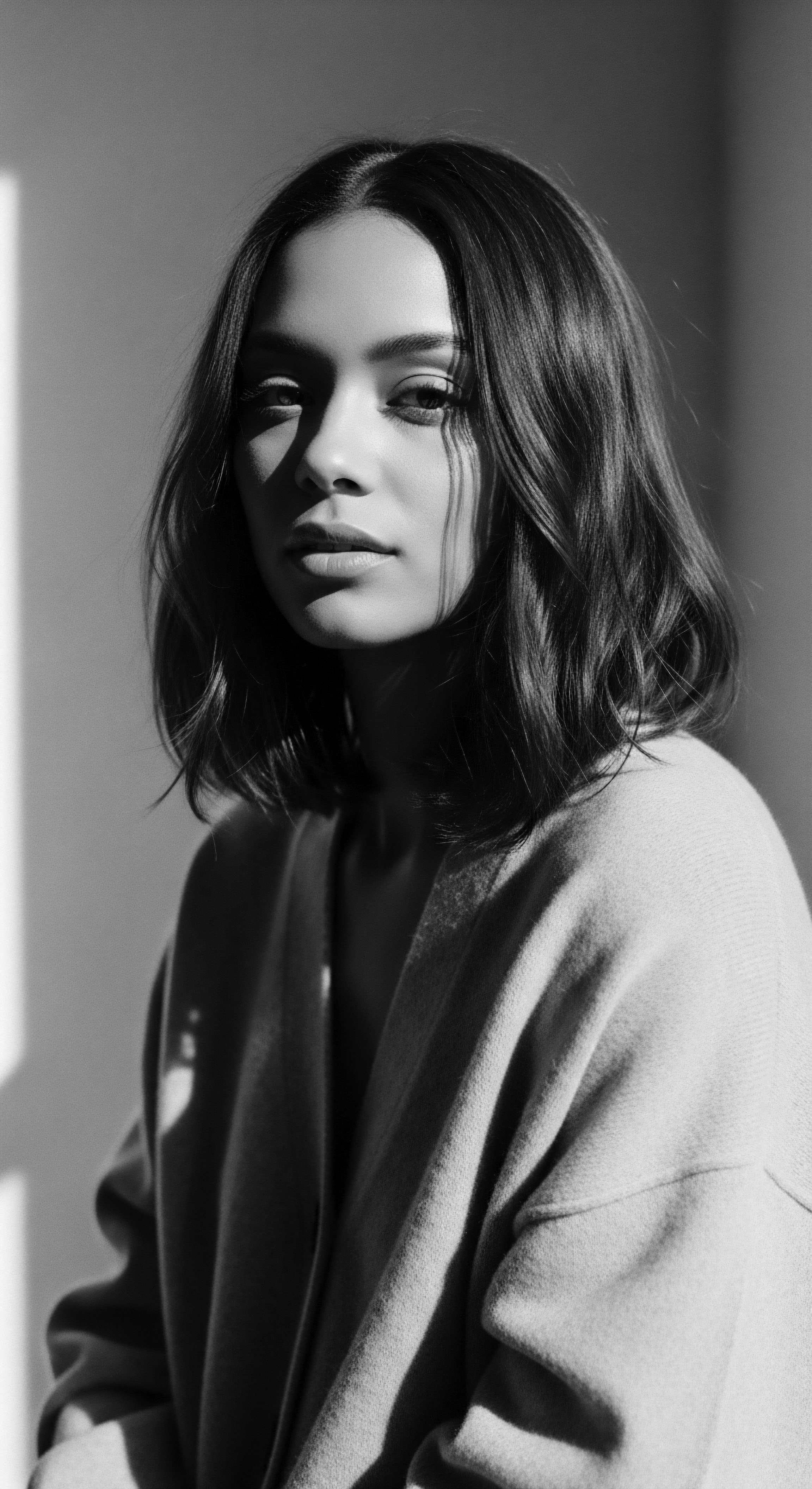 Monochrome Portrait of Young Woman Showcasing Wavy Shoulder Length Haircut Captured in monochrome, the young woman's portrait embodies a timeless beauty with her naturally wavy shoulder-length hairstyle. The play of light accentuates the hair’s texture and undulation, offering a contemplative reflection on expressive styling and effortless charm.