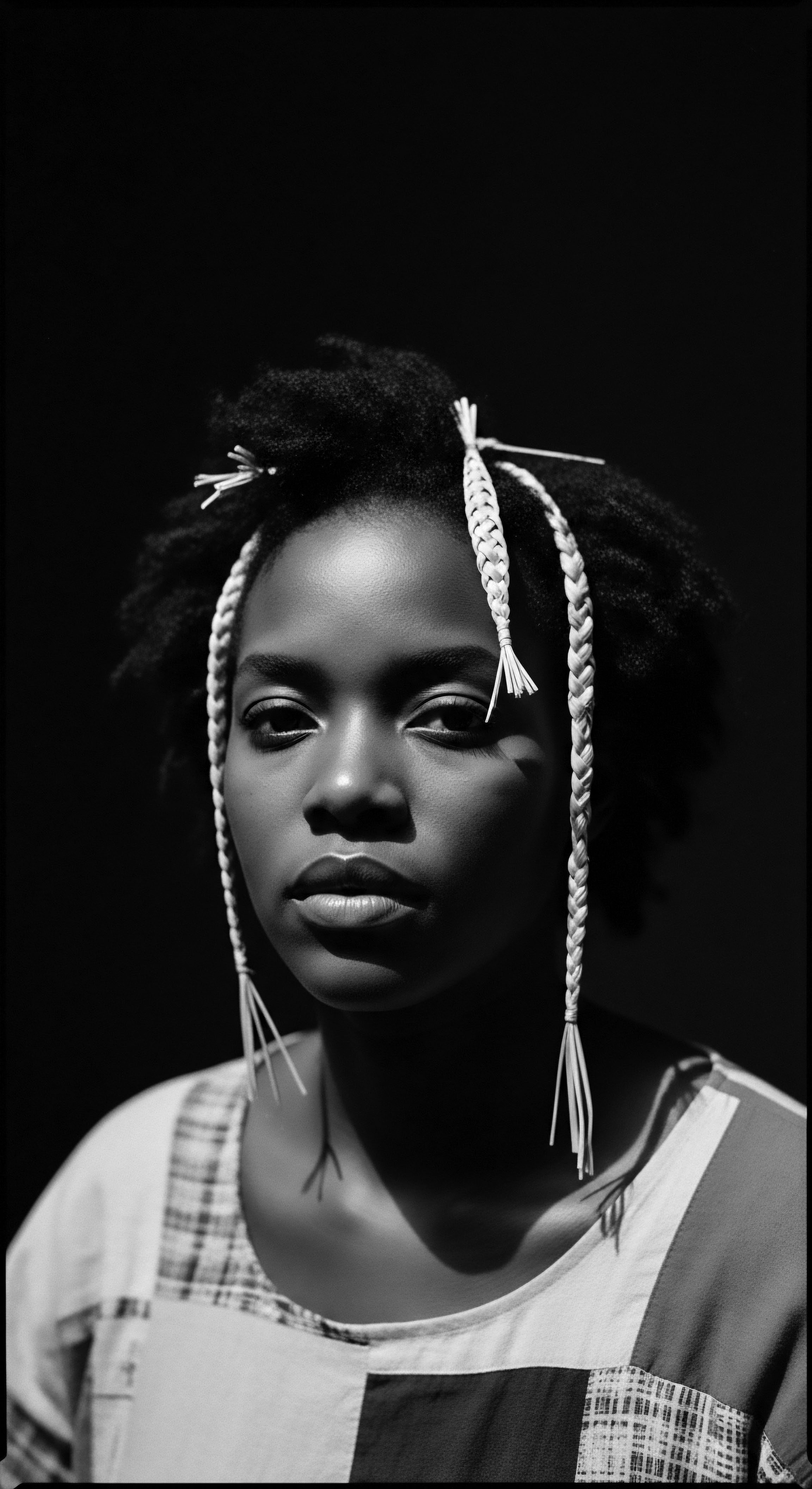 Monochrome Portrait of Young Woman with Braided Hair Accents and Textured Hair Embracing ancestral heritage, the portrait celebrates textured hair with carefully placed braids, a visual narrative resonating with expressive styling and holistic care. The interplay of light and shadow reinforces the strength of identity, mirroring the beauty and resilience inherent in the natural hair's pattern and formation.