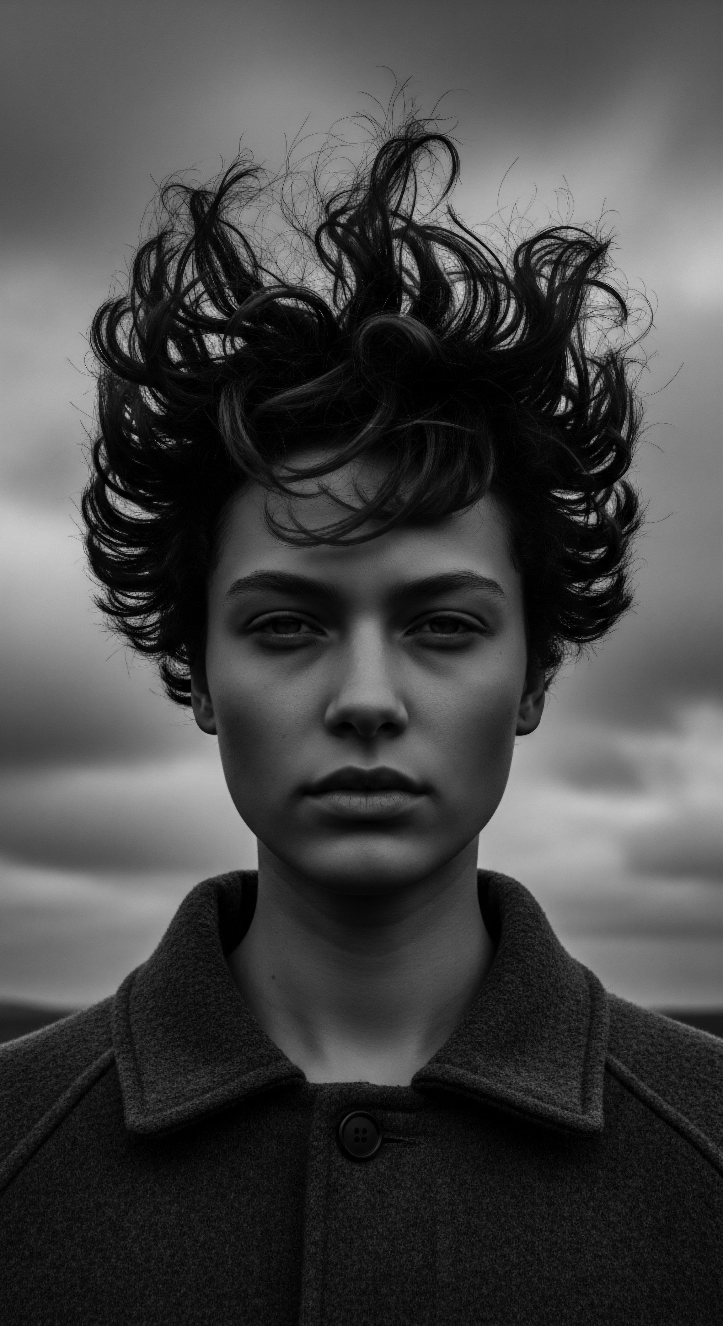 Monochrome Portrait of Young Woman with Dynamically Styled Textured Hair Against a backdrop of tempestuous skies, the subject's dark, short, textured hair frames a powerful gaze, reflecting a synergy between inner strength and natural heritage—a story told in tonal contrasts, texture, and the quiet defiance of her resolute stare.