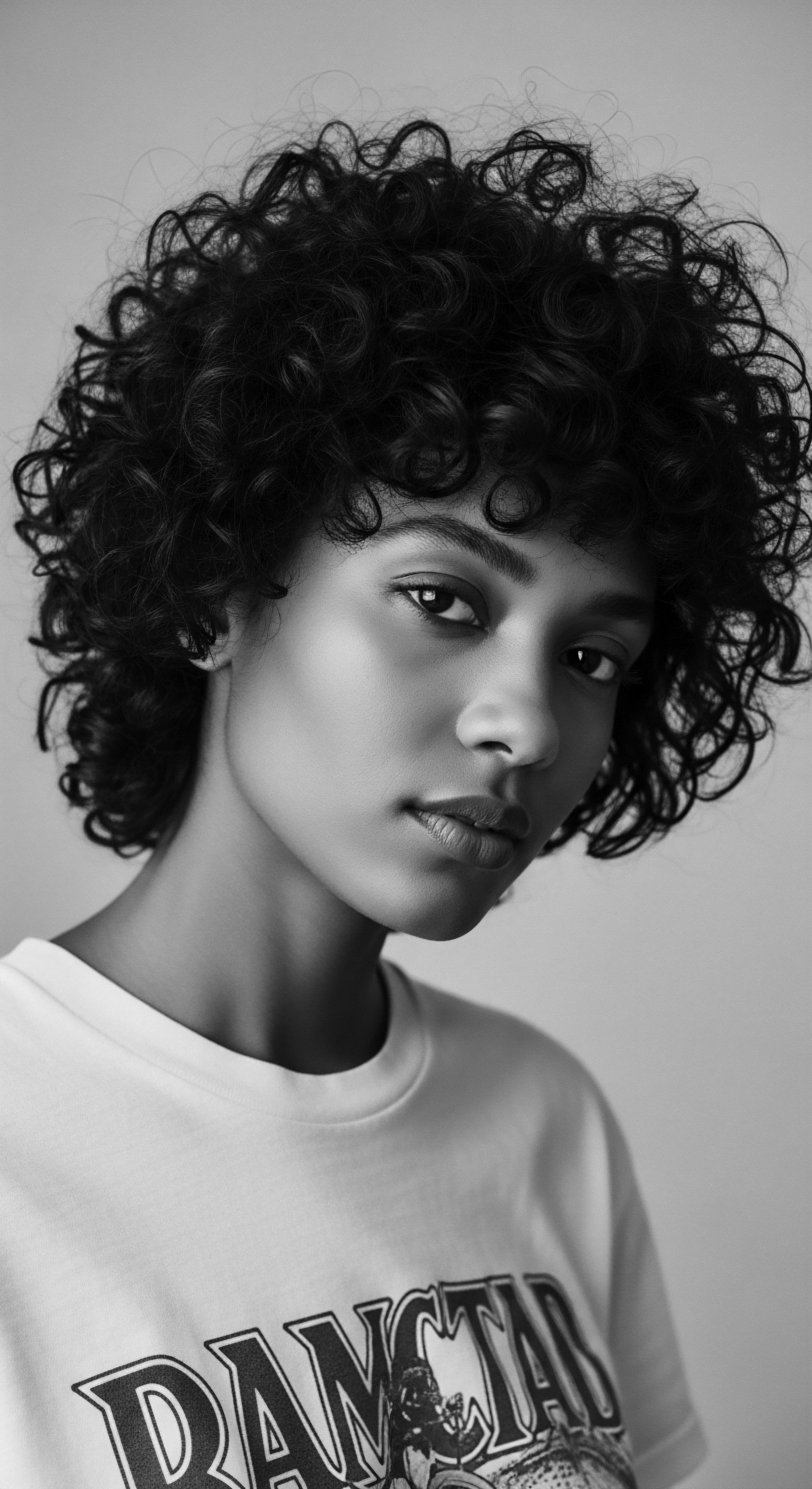 Monochrome Portrait of Young Woman with Natural Coiled Hair Texture The monochrome palette accentuates the richness of the young woman's natural hair coils, celebrating its beauty and unique textural expression. The composition captures a moment of serene confidence, presenting the essence of embracing natural Black hair formations and self-identity with grace.