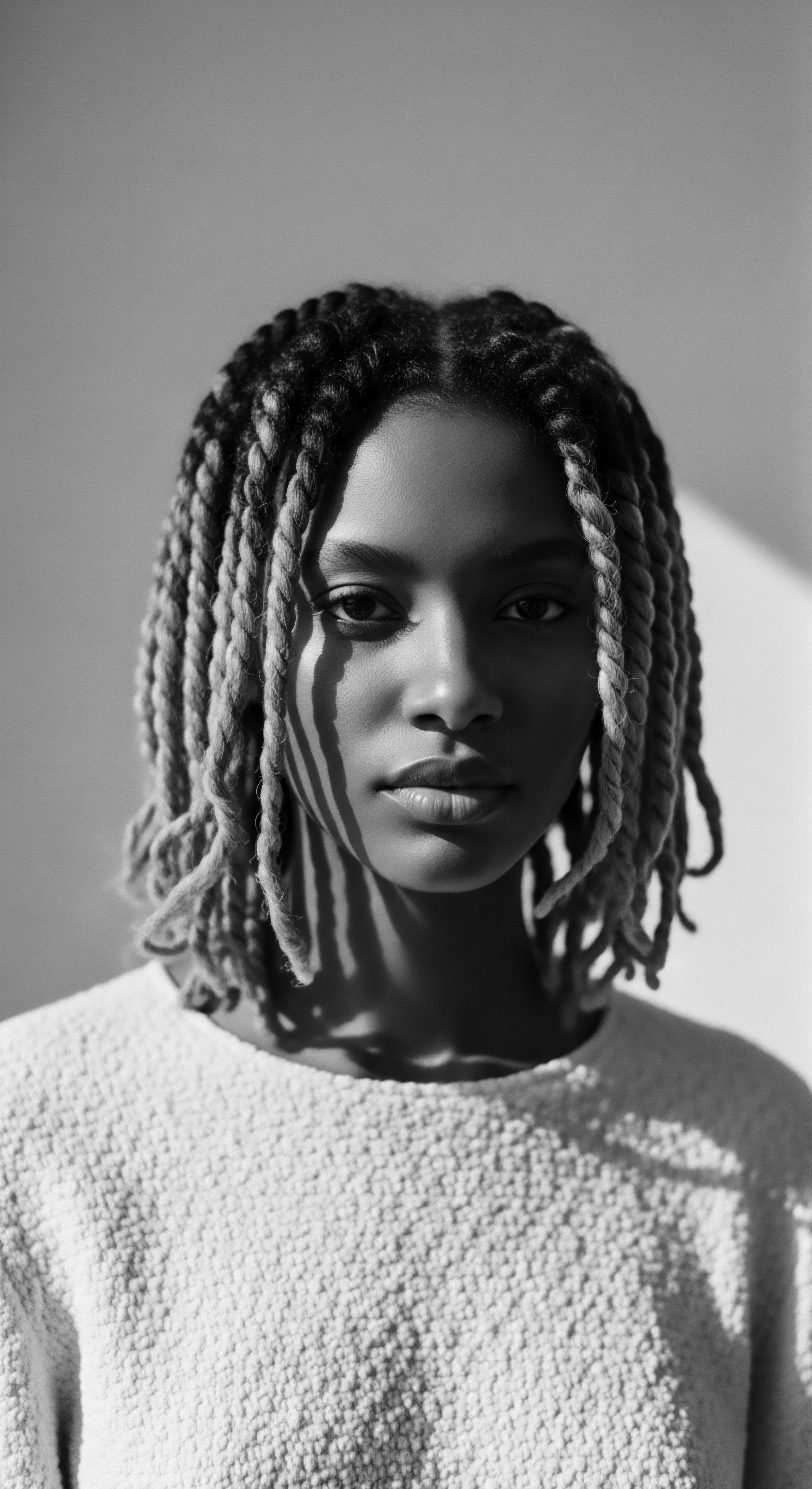 Monochrome Portrait of Young Woman with Twisted Protective Hairstyle The monochromatic portrait emphasizes the beauty and resilience of a young woman, her twisted textured hair radiating self-assurance and a connection to ancestral heritage. The deliberate interplay of light underscores both her inner strength and the cultural significance of this protective hair styling, celebrating Black hair traditions.