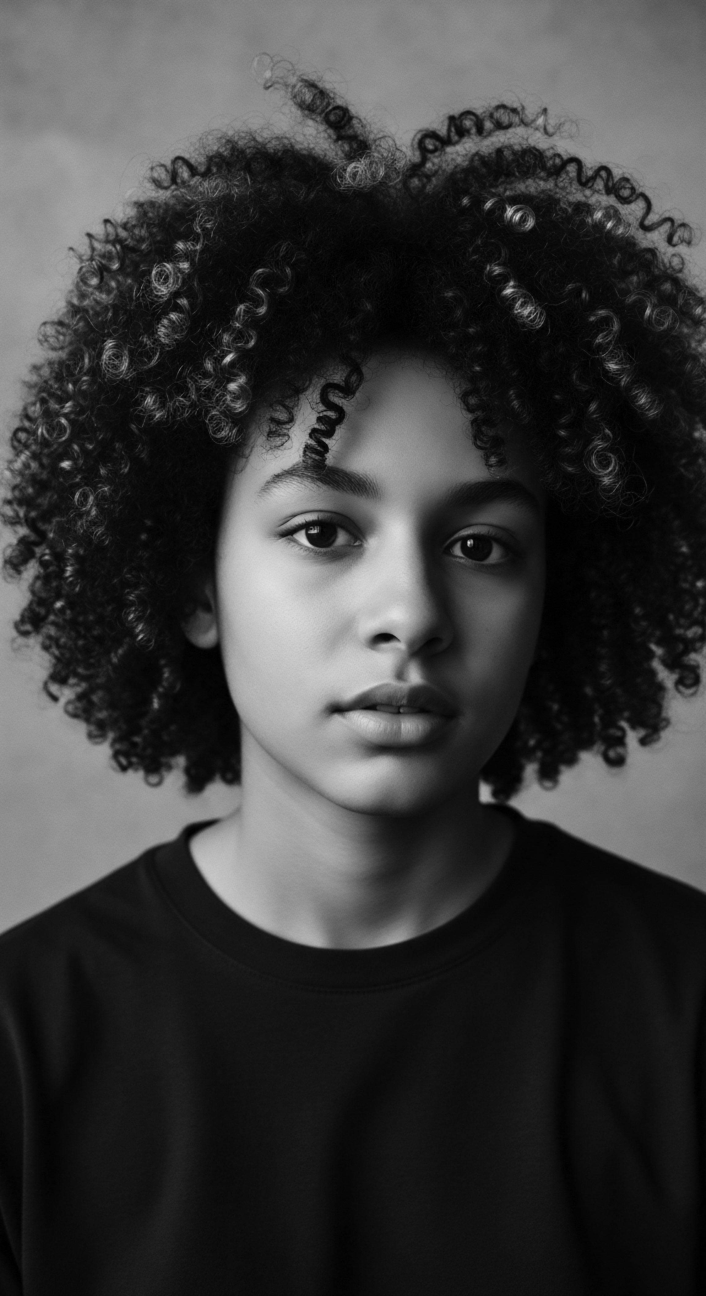 Monochrome Portrait of Youth with Kinky Coiled Hair Texture and Heritage Expression This evocative monochrome image captures the essence of youth and the beauty of coiled textured hair, reflecting a story of ancestral heritage and contemporary identity, while highlighting the intricate beauty and cultural significance embedded within each spiral spring formation.