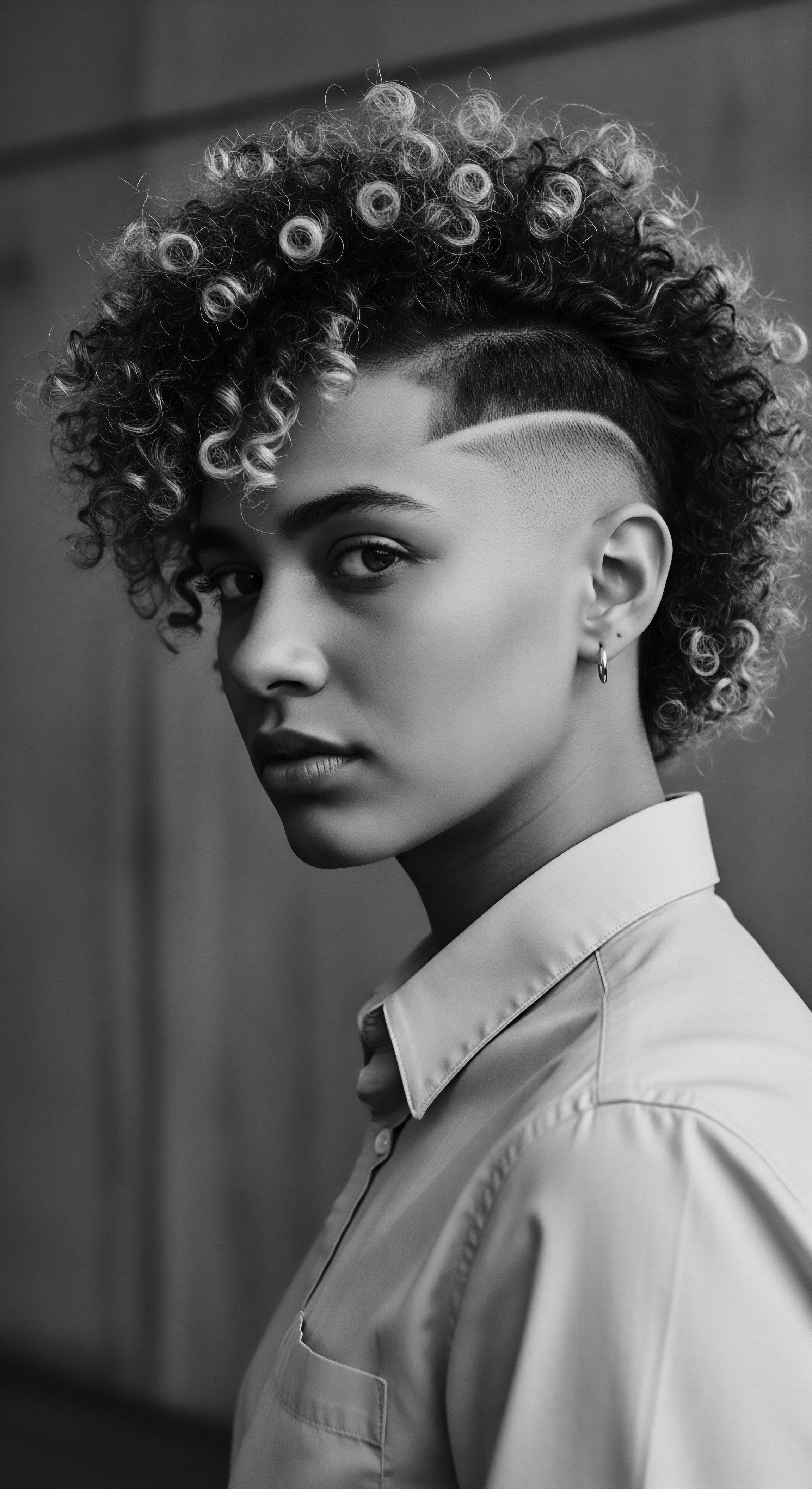Monochrome Portrait Person with Curly Hair and Fade Hairstyle Looking Forward The photograph captures a profound sense of self assurance and modern natural hairstyle artistry. This portrait symbolizes embracing unique Afro textured hair formations and the bold self expression found within contemporary mixed-race heritage narratives promoting positive imagery and ancestral pride.