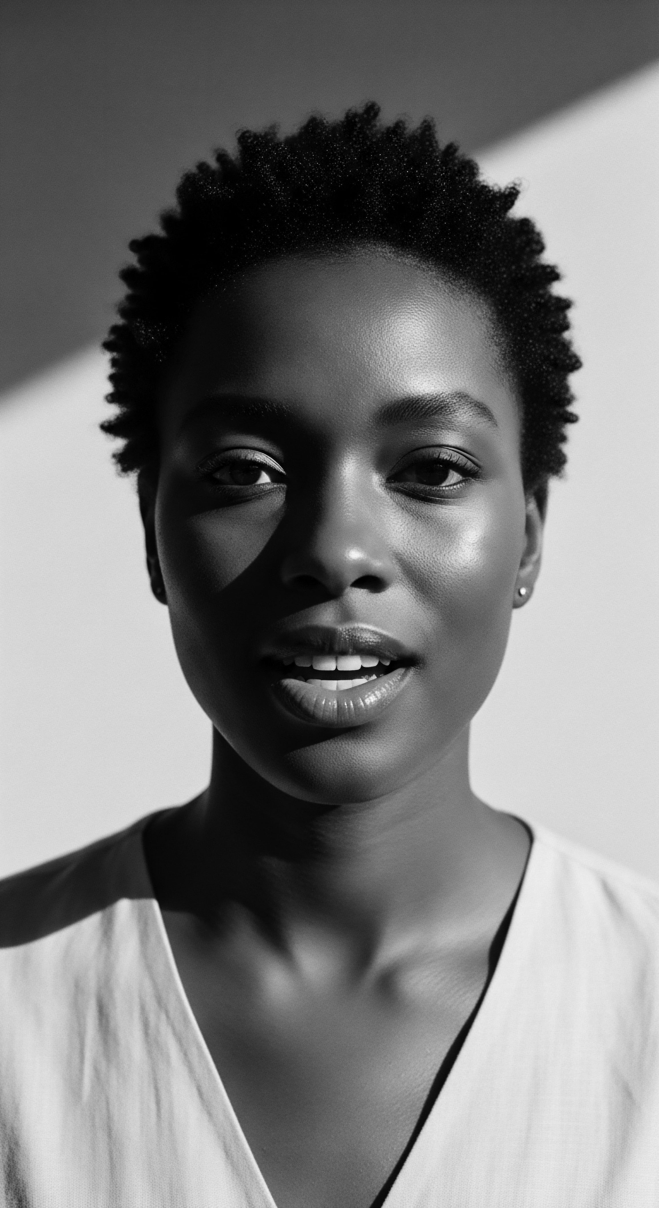 Monochrome Portrait Radiant Black Woman Short Afro Natural Hair Style The monochrome image captures the strength and beauty of a young Black woman with a short, coiled afro, celebrating her natural hair texture and cultural heritage. Contrasting light and shadow add depth, creating a striking portrait of self-expression and timeless elegance, promoting mindful self care.