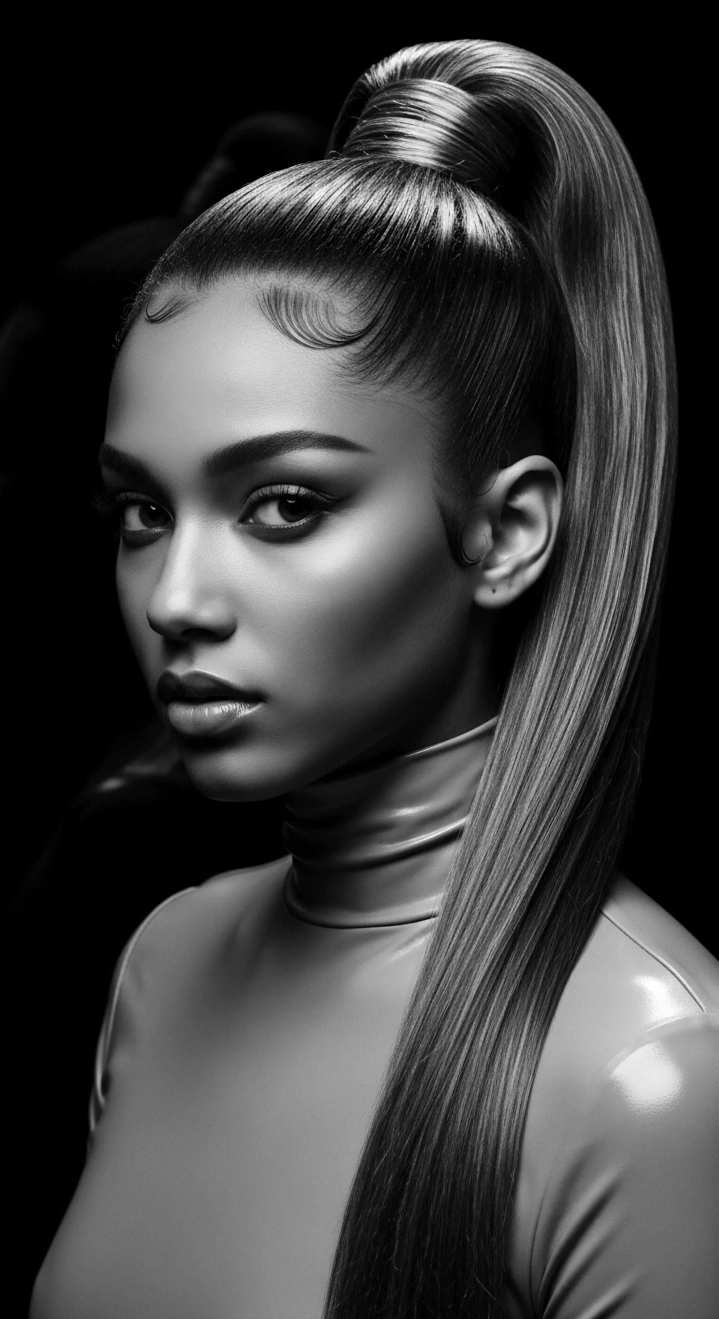 This image captures the essence of sleek styling for textured hair: a high ponytail with defined edges exudes polished sophistication. The interplay of light and shadow accentuates the precision of styling techniques, celebrating the beauty and cultural significance of meticulously groomed hair.