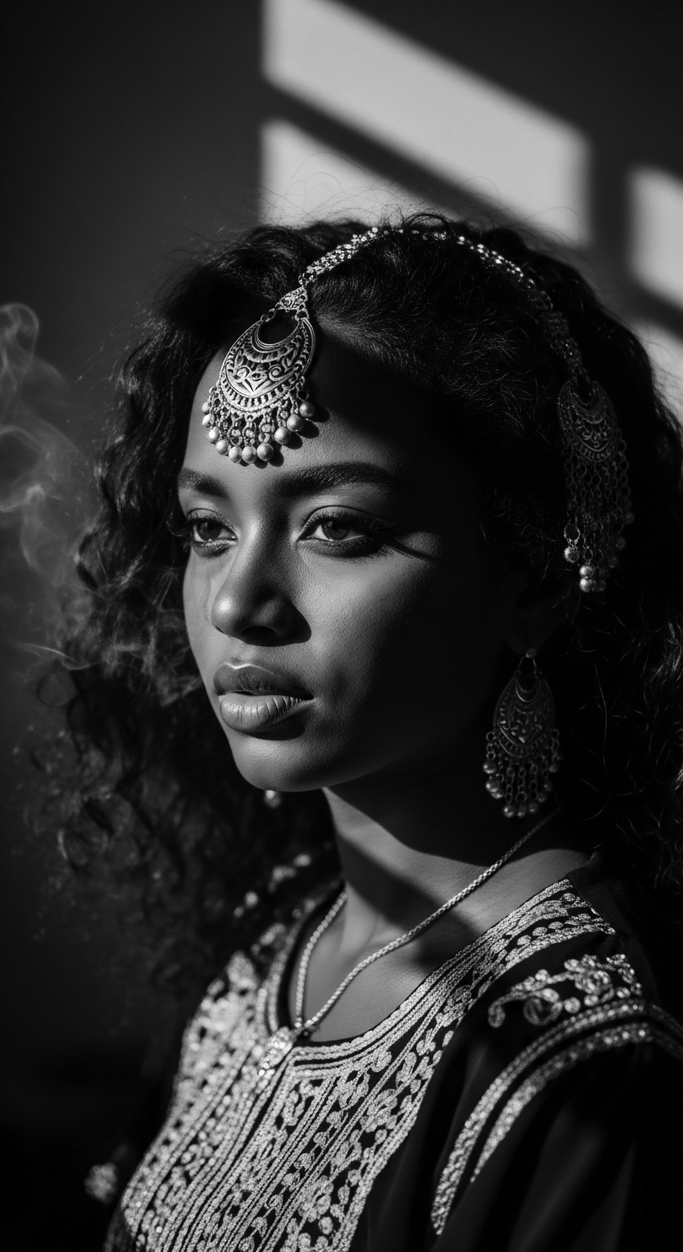 A young woman with intricate coils wears traditional jewelry, light and shadow sculpting her features. Ornamental headpiece and earrings frame her face, illuminating natural skin and protective styling. The image honors heritage and cultural identity through aesthetic expression and details.