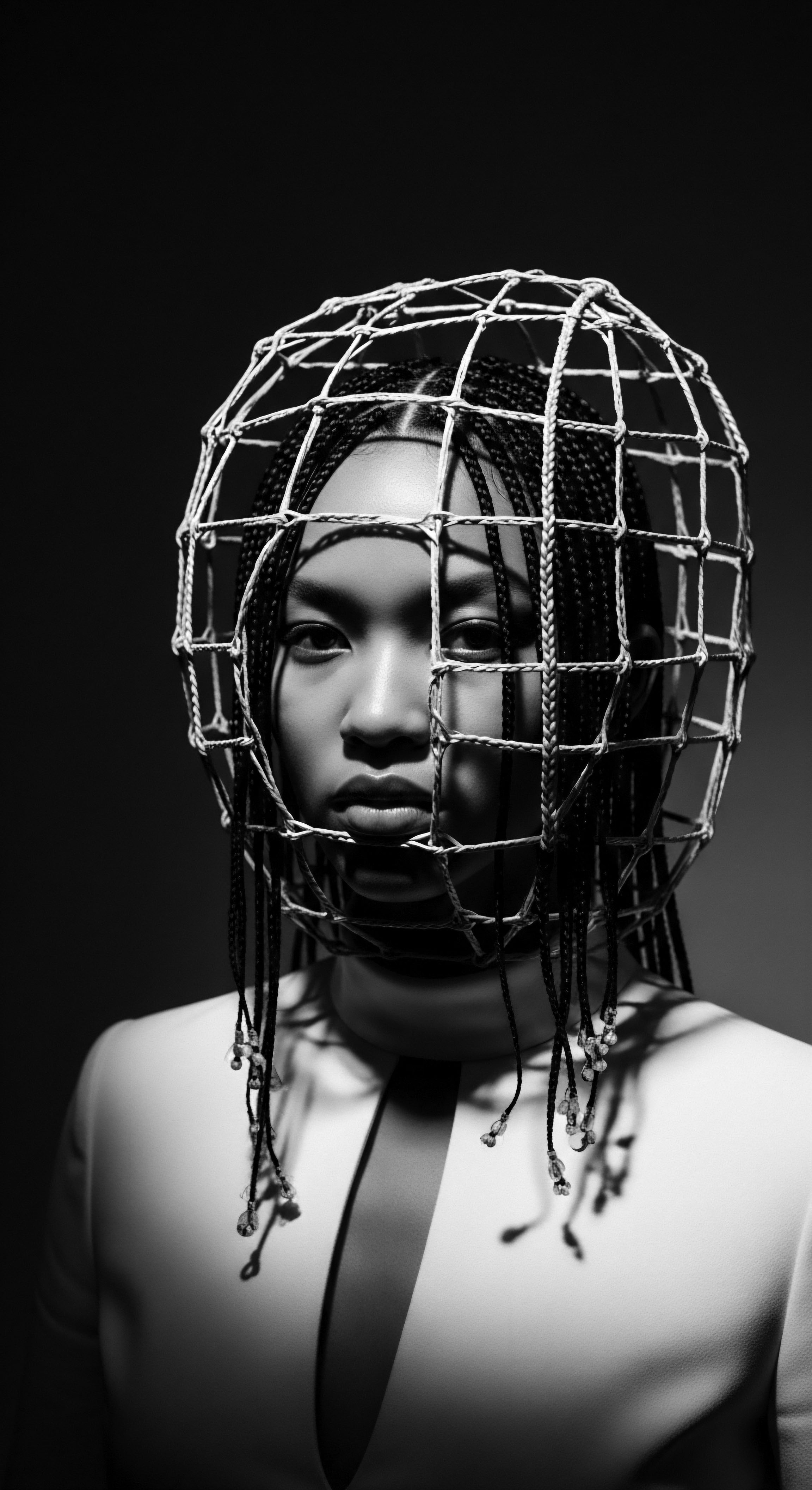 The portrait captures a woman embodying both strength and vulnerability through the artistic cage and braided style, creating a powerful statement on identity and heritage. This Afrocentric modern expression celebrates textured hair's versatility while prompting deeper reflection on representation and cultural narratives.