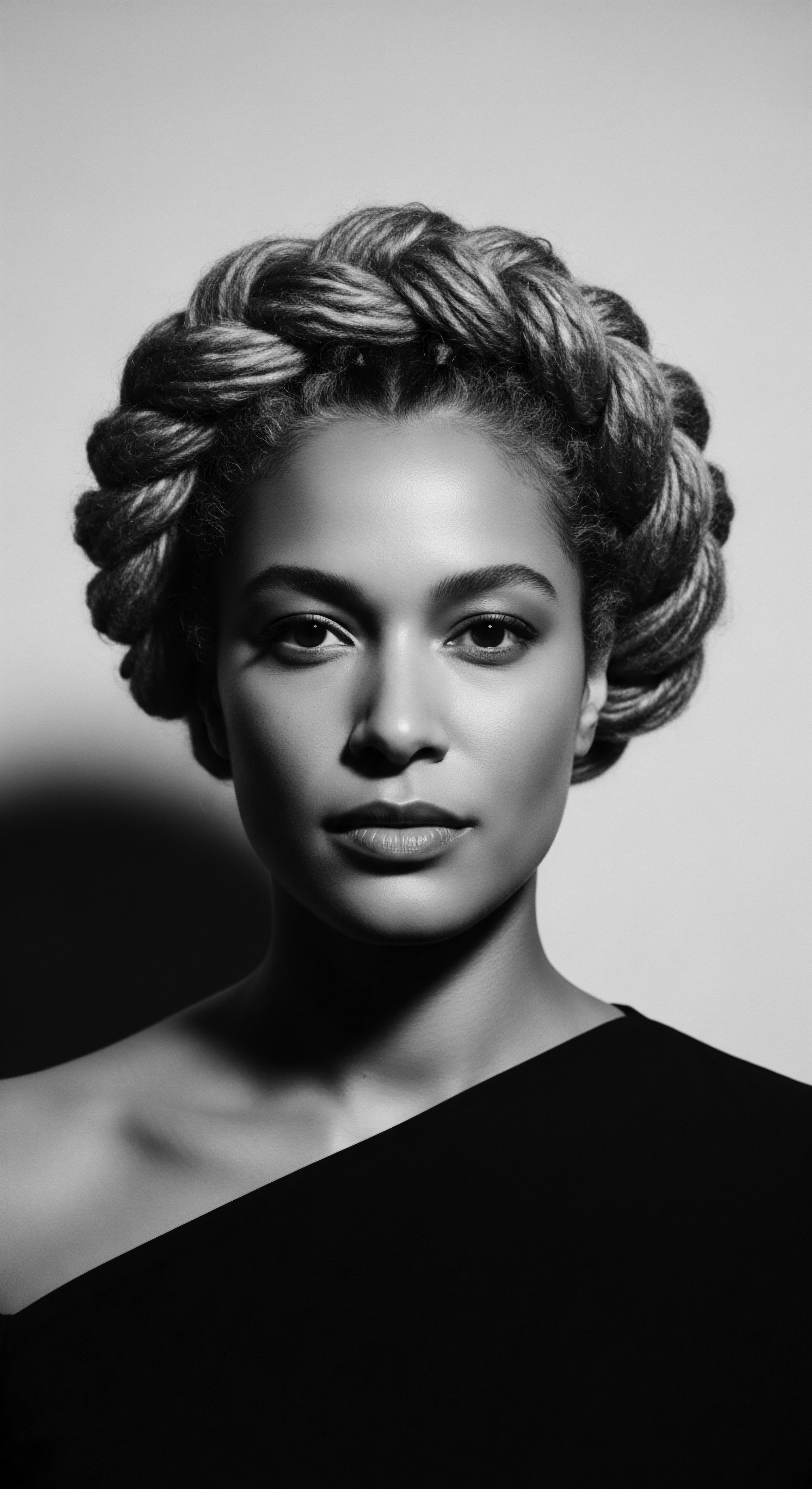 Monochrome Portrait Woman Crown Braid Hairstyle Textured Hair Cultural Heritage This evocative portrait celebrates textured hair through a complex crown braid. It symbolizes cultural artistry, embracing heritage. Monochromatic tones enhance the braid's three-dimensional texture.