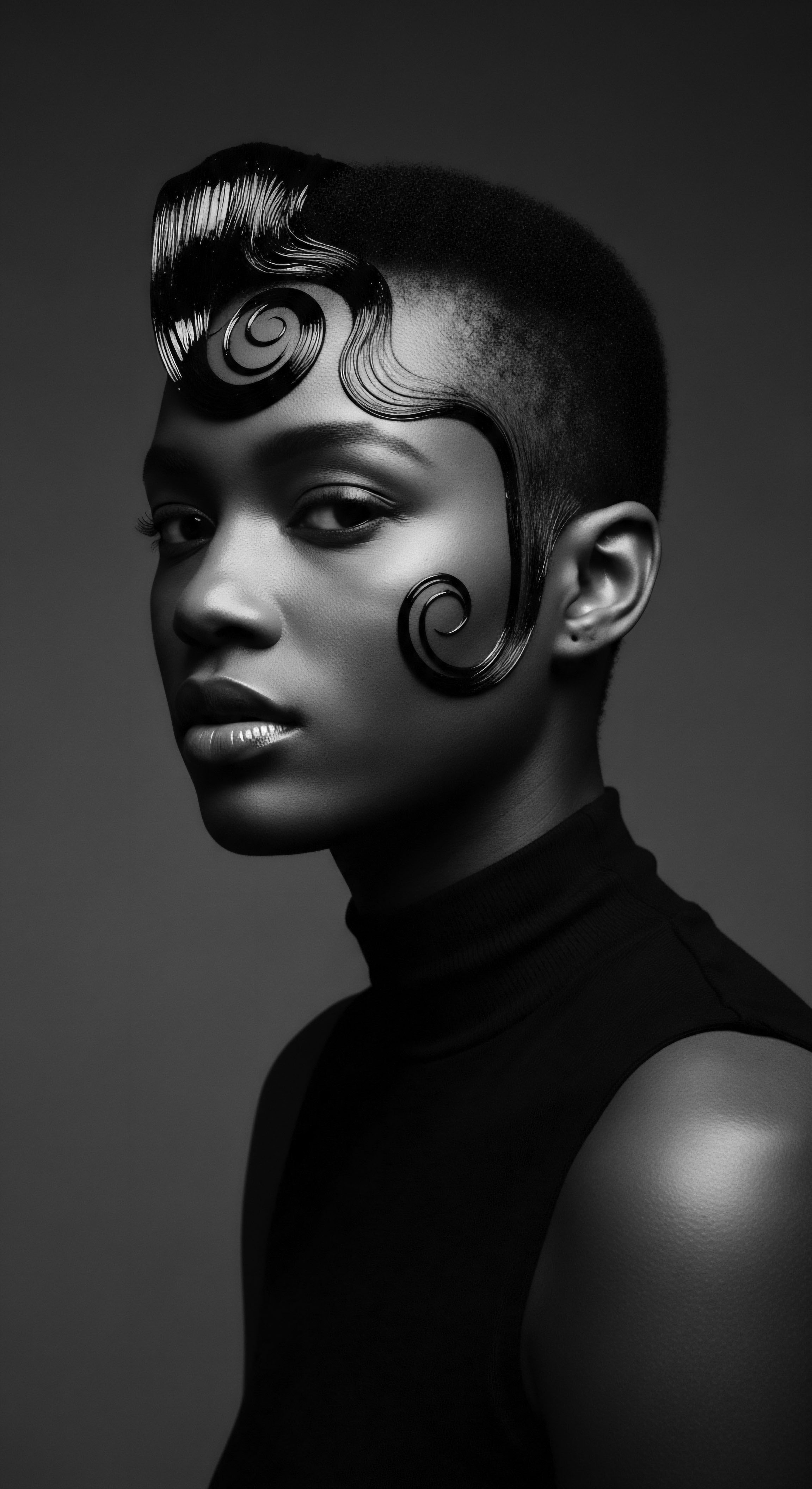 Black and white portrait displays a woman with a shaved nape accentuated by a meticulously crafted coiffure. The hairstyle showcases smoothed, glossy dark hair forming symmetrical swirls around the face. This contrasts against short, textured Afro hair in harmony with the woman’s elegant turtleneck ensemble.
