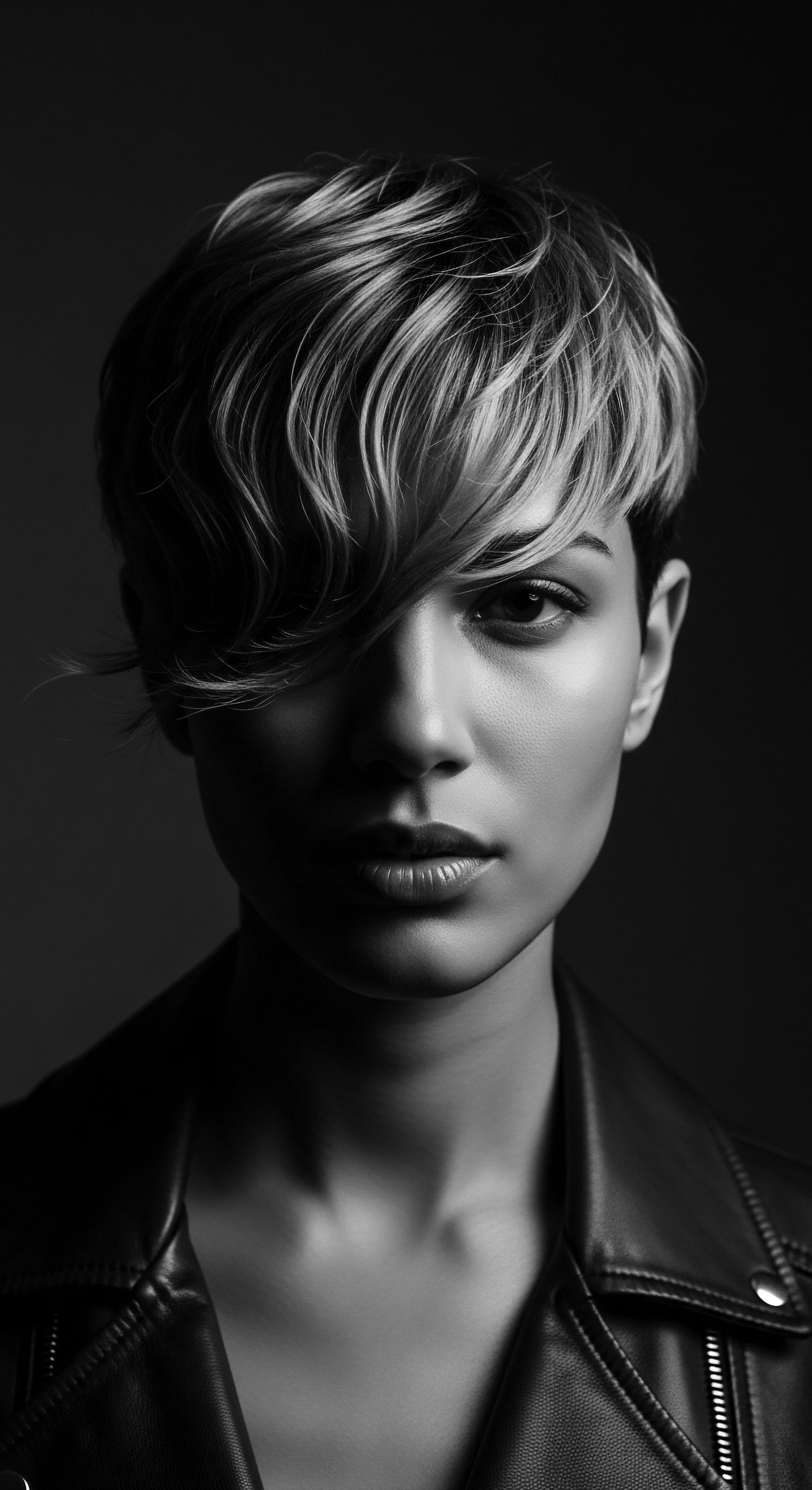 Monochrome Portrait Woman Textured Hair and Modern Leather Jacket This monochromatic image showcases textured hair in an edgy, modern context, framed by classic leather. The woman's partially shadowed visage and distinctive hairstyle capture a sense of individuality and quiet strength, reflecting an exploration of self-expression through hair texture.