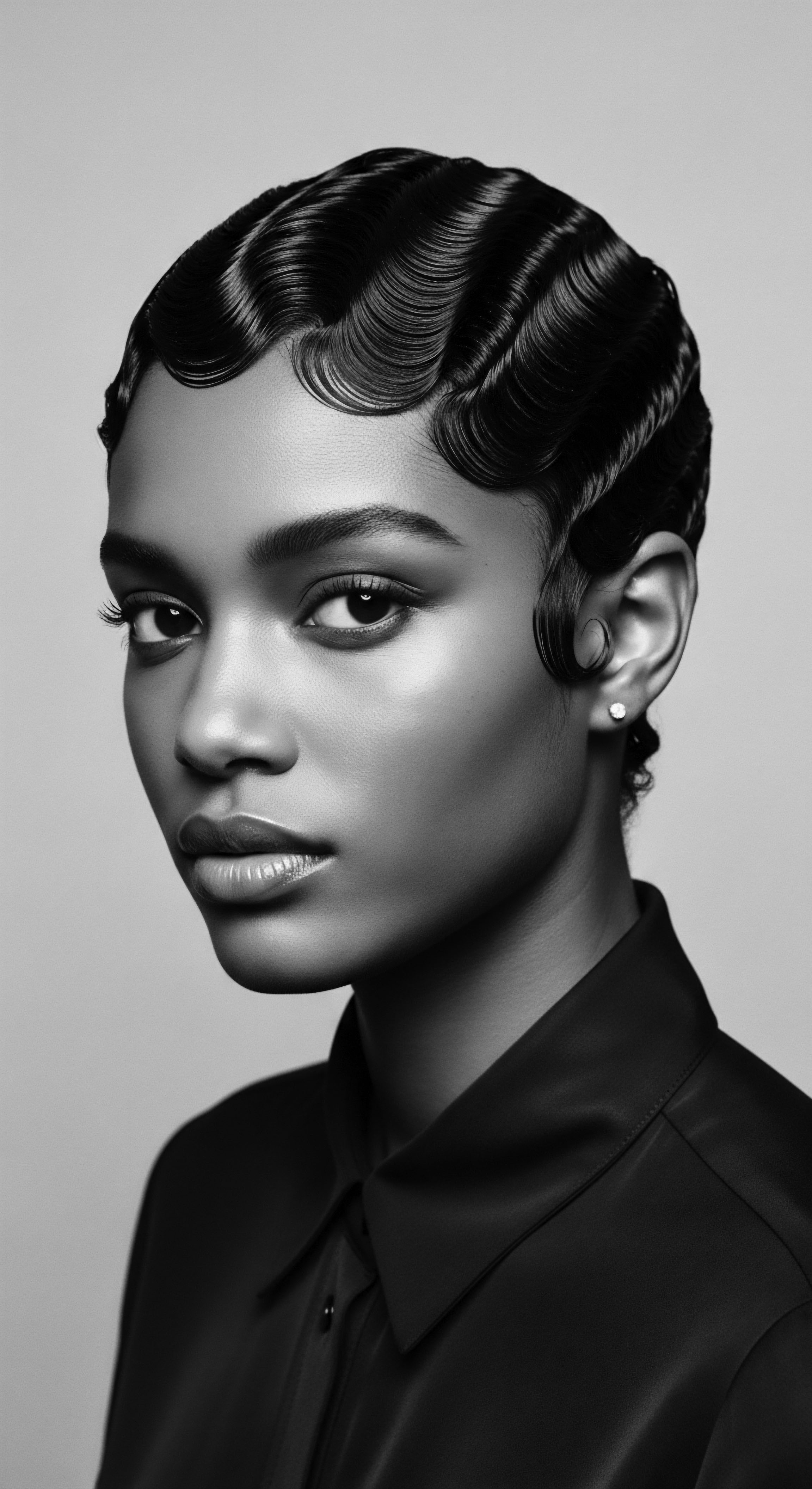 Monochrome Portrait Woman with Classic Finger Waves Hairstyle and Ebony Skin Captivating in monochromatic tones, the portrait celebrates natural hair artistry. The meticulous finger waves showcase a timeless aesthetic, highlighting the woman's unique beauty, while also invoking a sense of ancestral pride and the enduring elegance associated with classic Black hairstyles. This image embodies heritage and beauty.