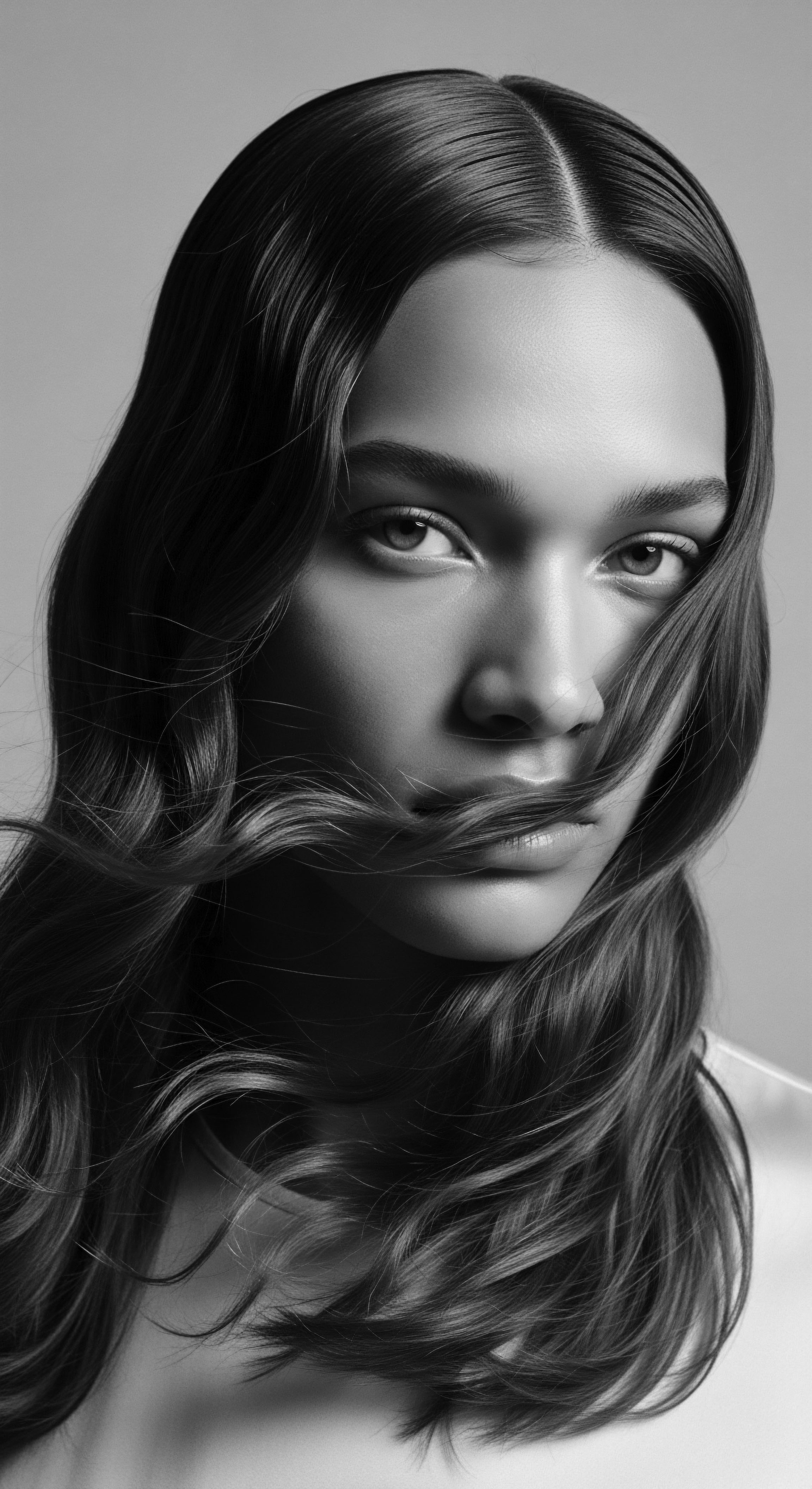 Monochrome Portrait: Woman with Flowing Textured Hair and Striking Features This evocative portrait explores the allure of textured hair and the elegance of monochromatic rendering the interplay of light accentuates the hair's natural pattern and the subject's unique features, celebrating both personal style and the cultural heritage inherent within diverse hair formations.