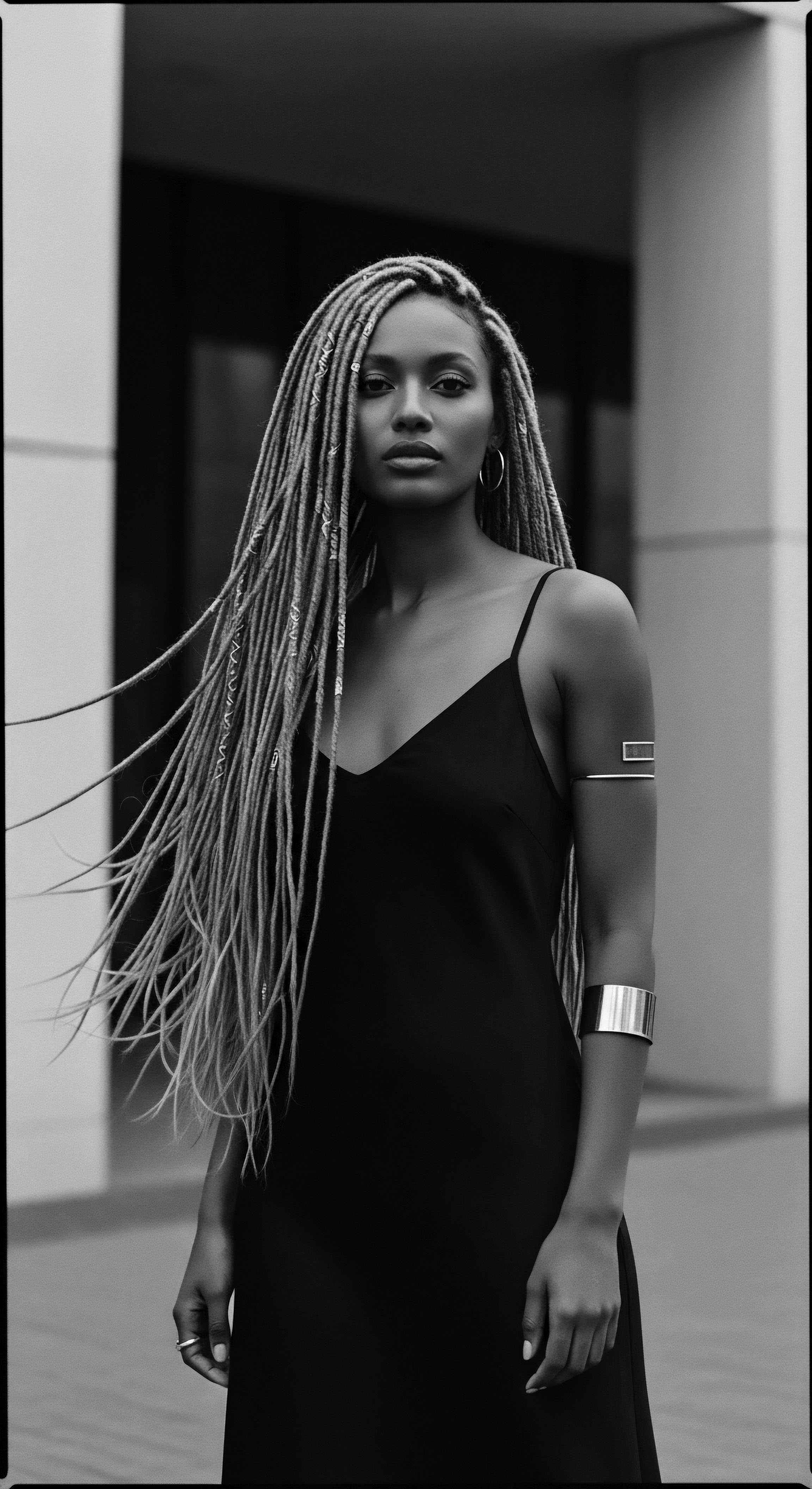 Monochrome Portrait Woman with Long Blonde Locs and Modern Jewelry This striking portrait captures the essence of modern African diaspora beauty, showcasing elaborate blonde locs cascading beautifully. Adorned with elegant silver jewelry, she embodies identity and power, offering a unique celebration of ancestral heritage in contemporary hairstyling expression and wellness.