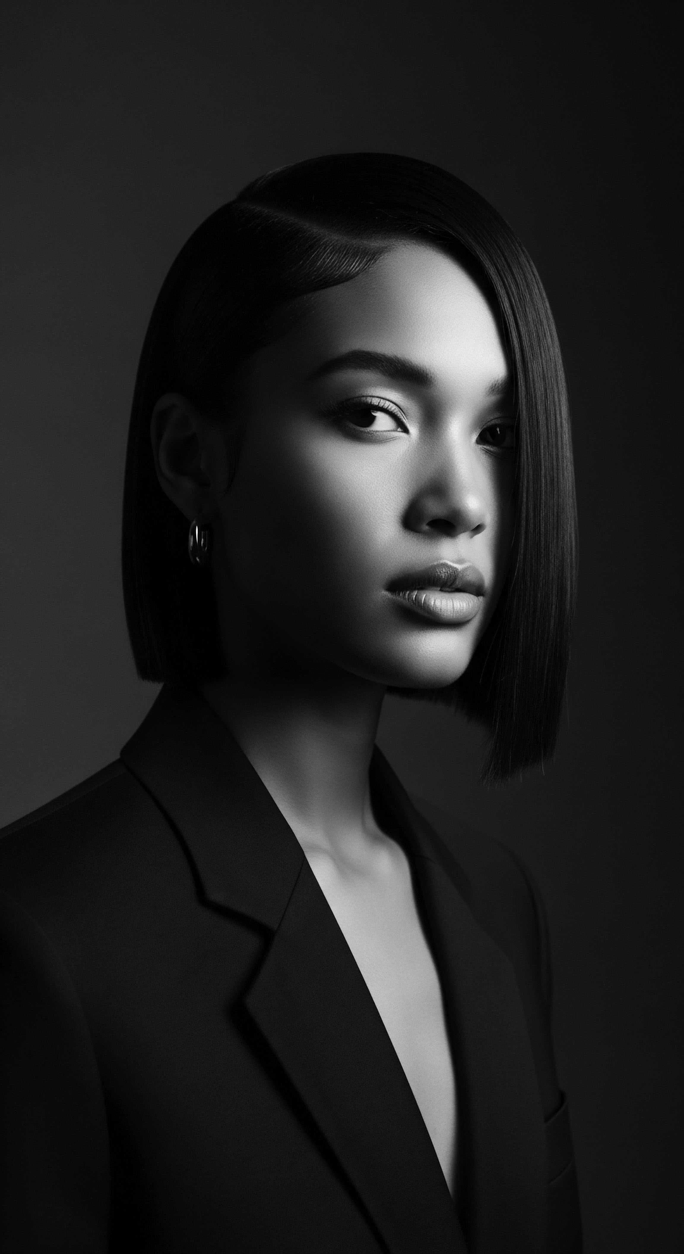 Monochrome Portrait Woman with Sleek Bob Haircut and Tailored Blazer This powerful portrait blends modern elegance with the inherent beauty of textured hair, framed by a sharp bob and sophisticated blazer, capturing the strength and grace of her ancestral heritage and expressive, confident personal style through a modern, refined aesthetic lens.