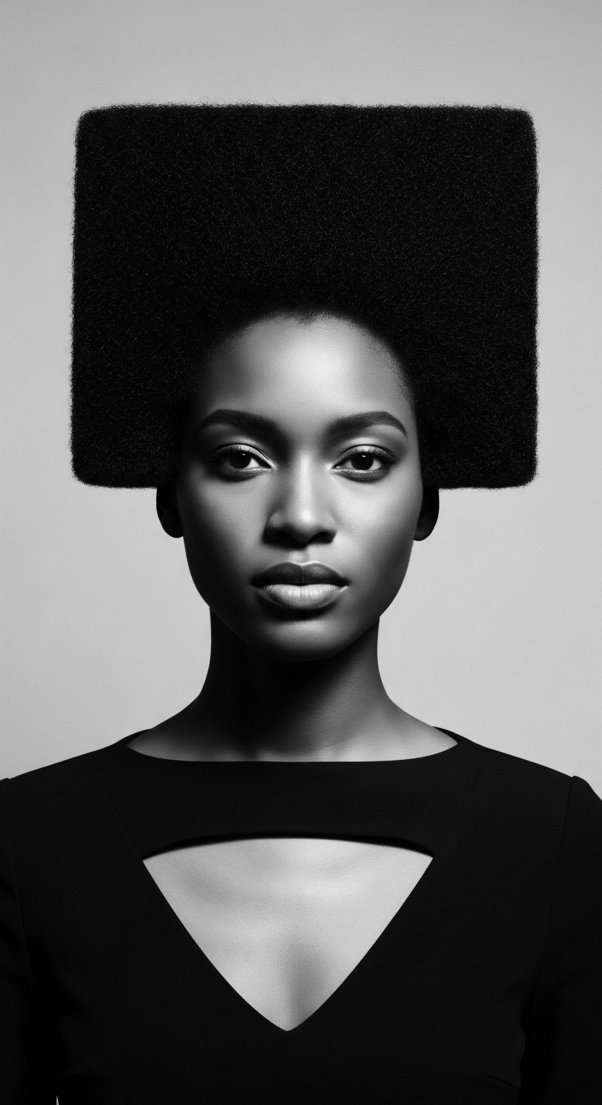 Monochrome Portrait Woman with Square Afro Hairstyle and Elegant Dress Through a monochrome lens, a square afro communicates a bold statement of heritage and self-expression, complementing the modern lines of her dress this interplay reflects a fusion of ancestral legacy and current style trends within Black hair traditions and identity.