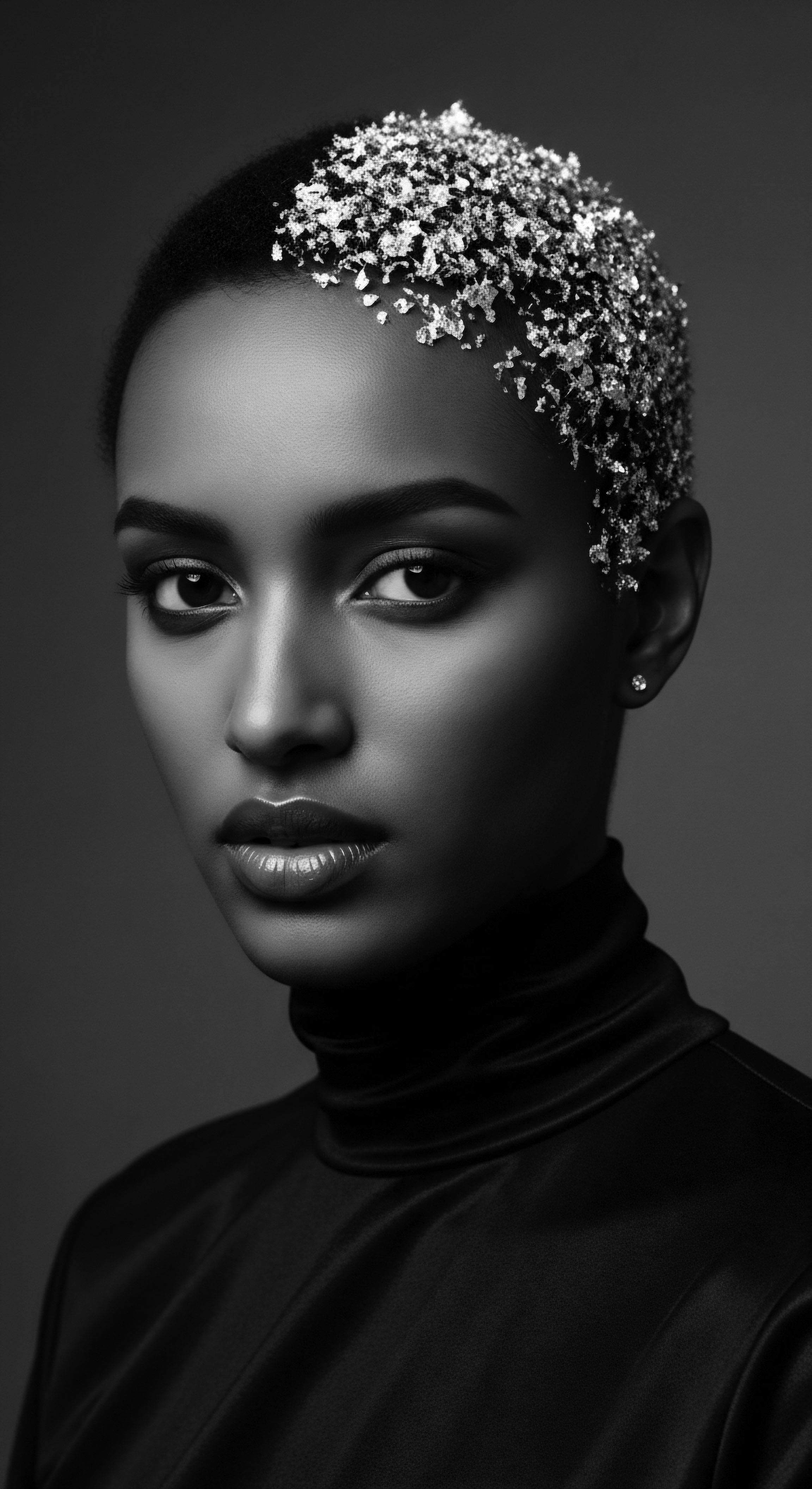 Monochrome Portrait Woman With Textured Hair Adorned With Silver Leaf The monochromatic study centers a Black woman, her short hair enhanced with silver leaf, reflecting a blend of artistic expression and ancestral reverence, inviting contemplation on the intersection of personal style and cultural identity, while honoring her natural hair formation.