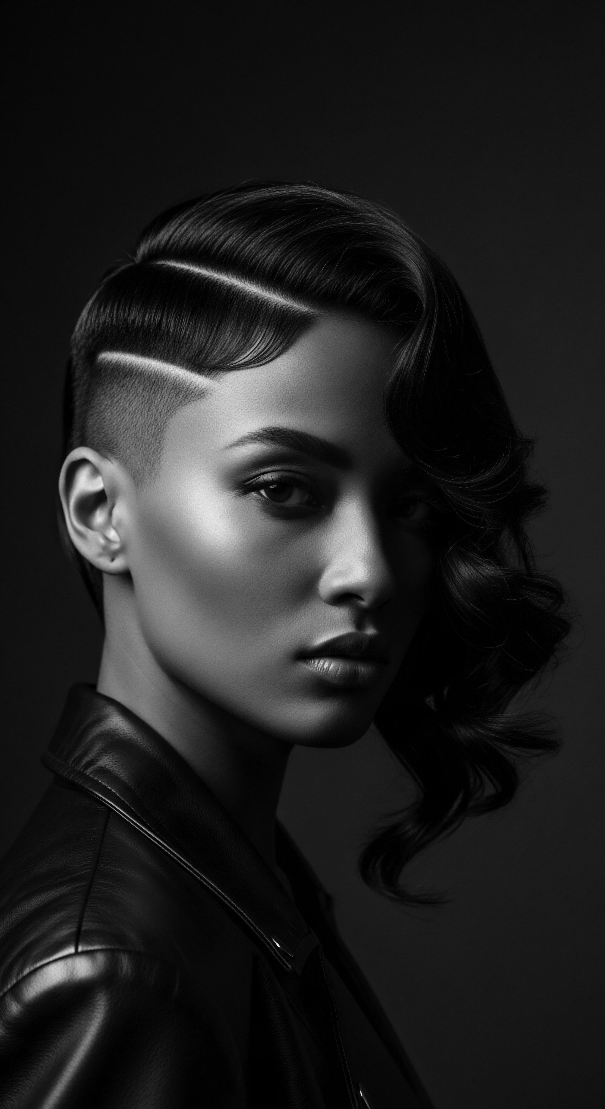 Monochrome Portrait Woman’s Undercut Hairstyle Waves and Defined Textured Pattern This portrait celebrates individuality, presenting a modern take on classic style with refined waves and precision cutting that showcases the beauty of diverse hair patterns. The image is an exploration of identity, heritage, and self-expression through innovative hairstyling choices and monochrome artistic presentation.