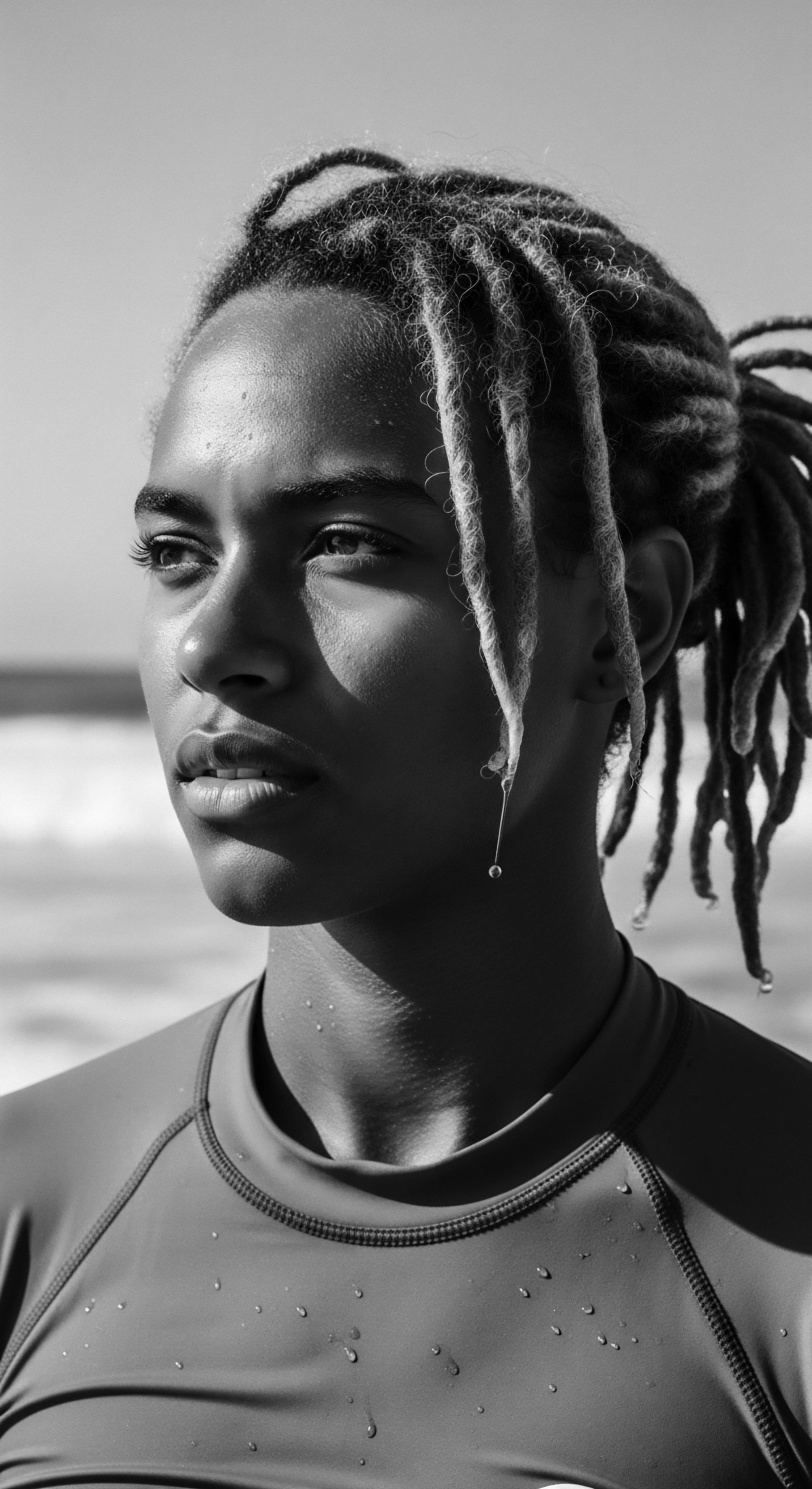 Monochrome Portrait Young Person with Locs Water Droplets Serene Gaze Outdoors The monochrome study reveals the subtle complexities of textured hair, highlighting the resilience of locs while the scattering of water evokes a moment of cleansing and renewal. This portrait embodies a celebration of identity and natural beauty within Black hair traditions, honoring ancestral heritage.