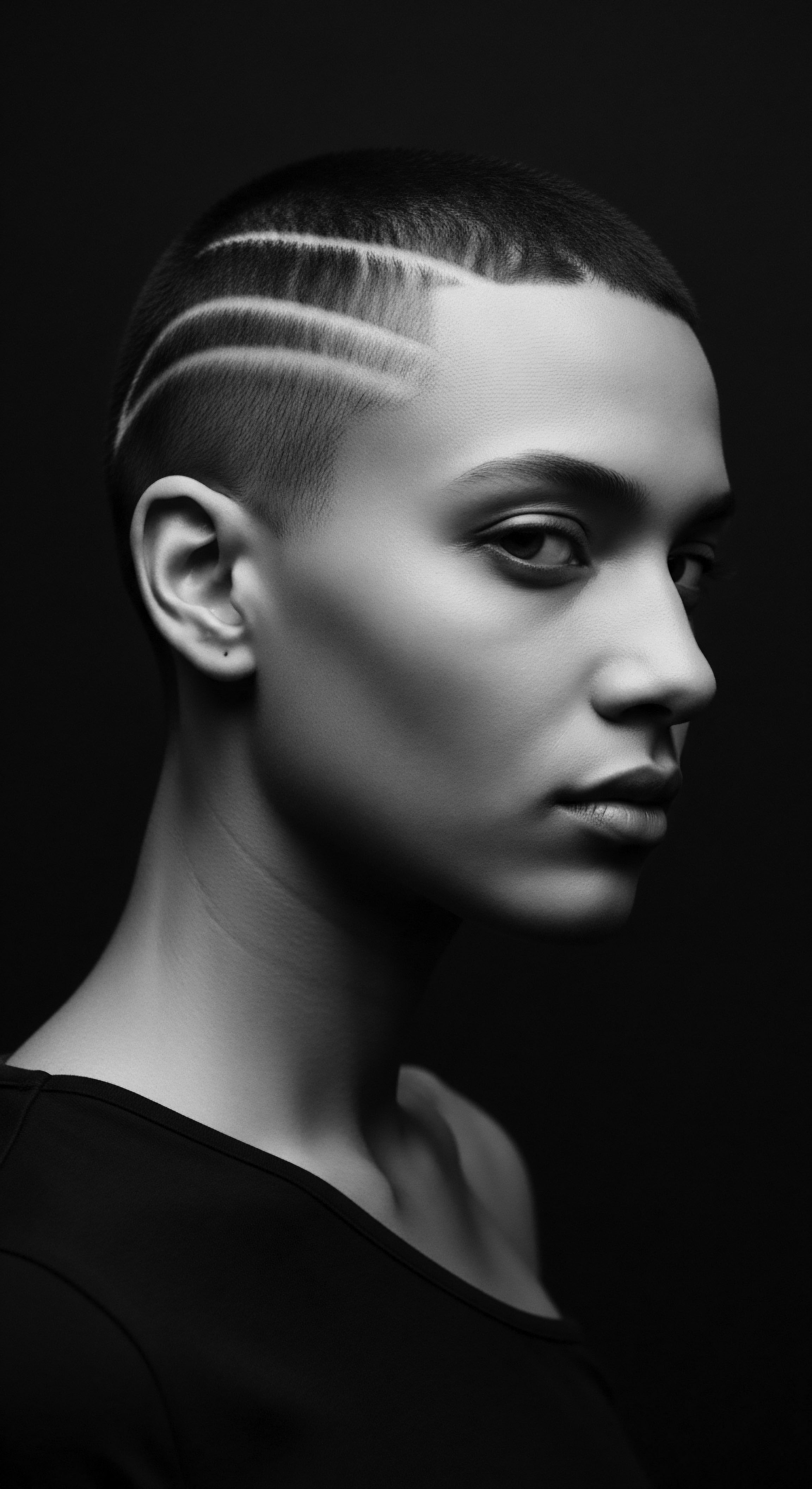 Monochrome Portrait Young Woman with Precision Hair Design Undercut Style The interplay of light and shadow accentuates the textured hair's geometric detail and intentionality, reflecting the heritage embedded within expressive styling of afro-textured aesthetics and celebrating the power of hair as cultural identity and personal wellness, showcasing its strength and timelessness.