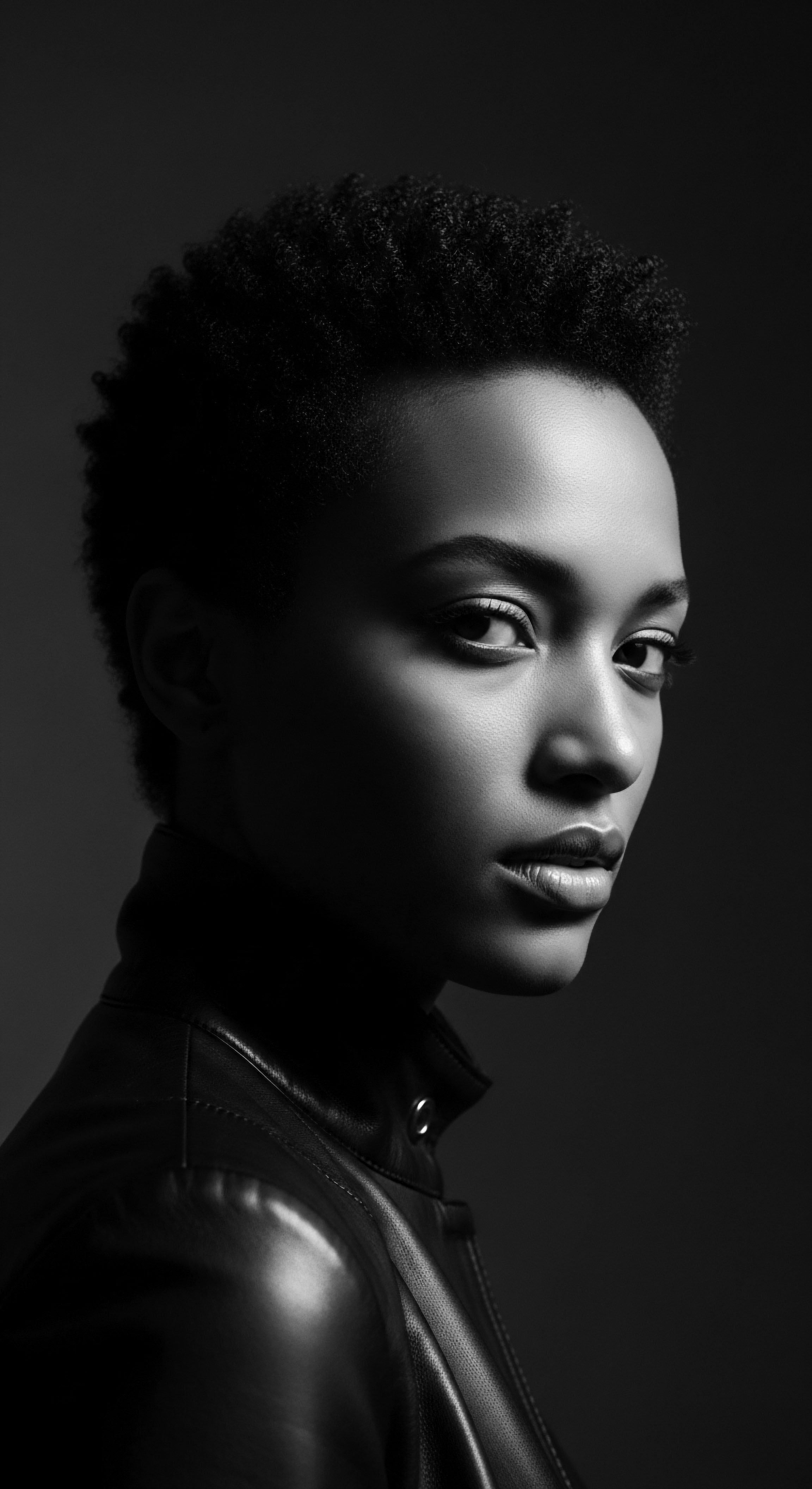 Monochrome Portraiture Afro Hair Leather Jacket Emphasizing Natural Hair Texture Styling This evocative monochrome portrait celebrates afro hair's natural coiled beauty and cultural significance, highlighted by skillful lighting emphasizing textured detail. The portrait links ancestral heritage and expressive styling, echoing a blend of visual artistry and holistic self-care through the timeless form of a leather jacket.