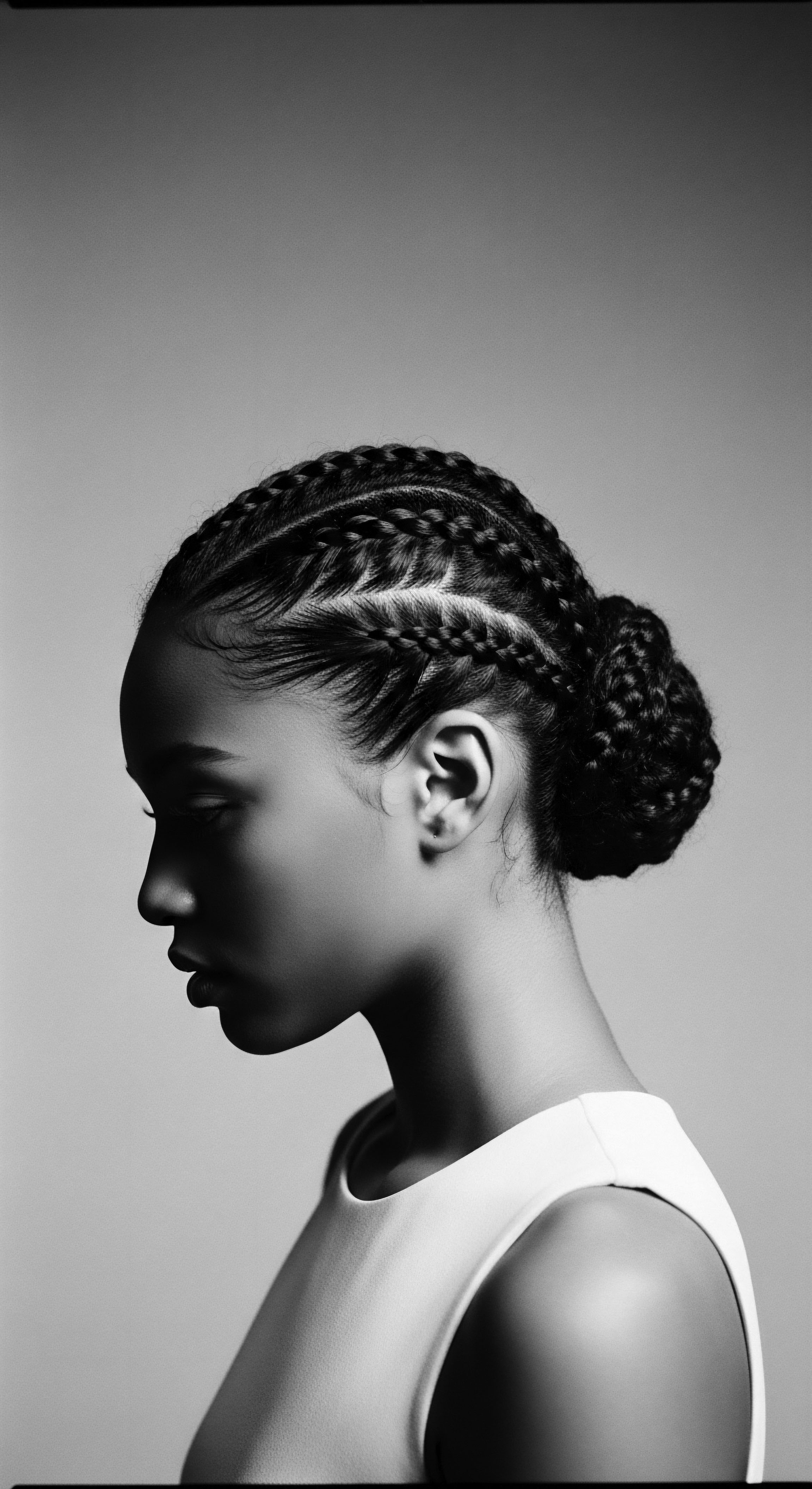 Monochrome Portraiture Woman Protective Hairstyling Braids Twisted Bun with Elegance The monochrome composition draws focus to the detailed braid patterns and the textured bun, emphasizing the importance of protective styles in Black hair traditions. This image celebrates hair styling as a powerful form of heritage expression and individual identity through holistic hair care.