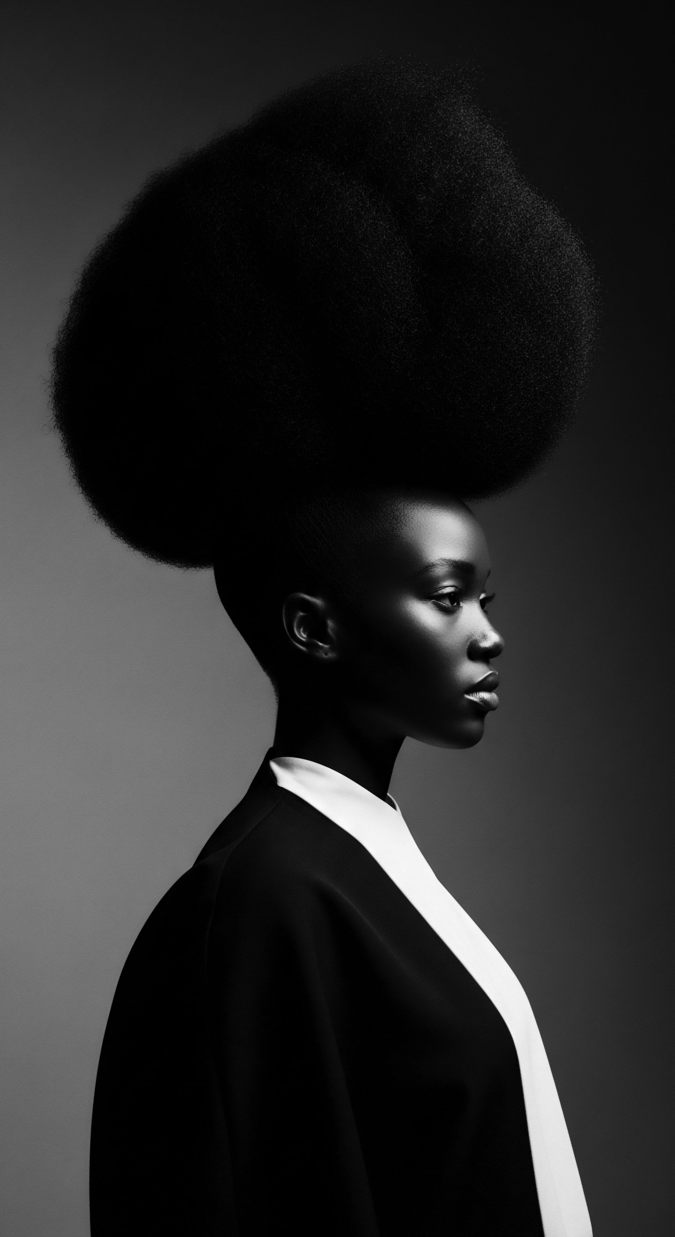 Monochrome Profile of Woman With Afro Hairstyle Textured Hair Elegance This elegant study in monochrome celebrates the inherent beauty of textured hair in full afro form, framed by a minimal aesthetic and conveying the power of cultural identity. Radiant complexion enhances heritage, highlighting beauty standards, and affirming self-expression in the wearer.