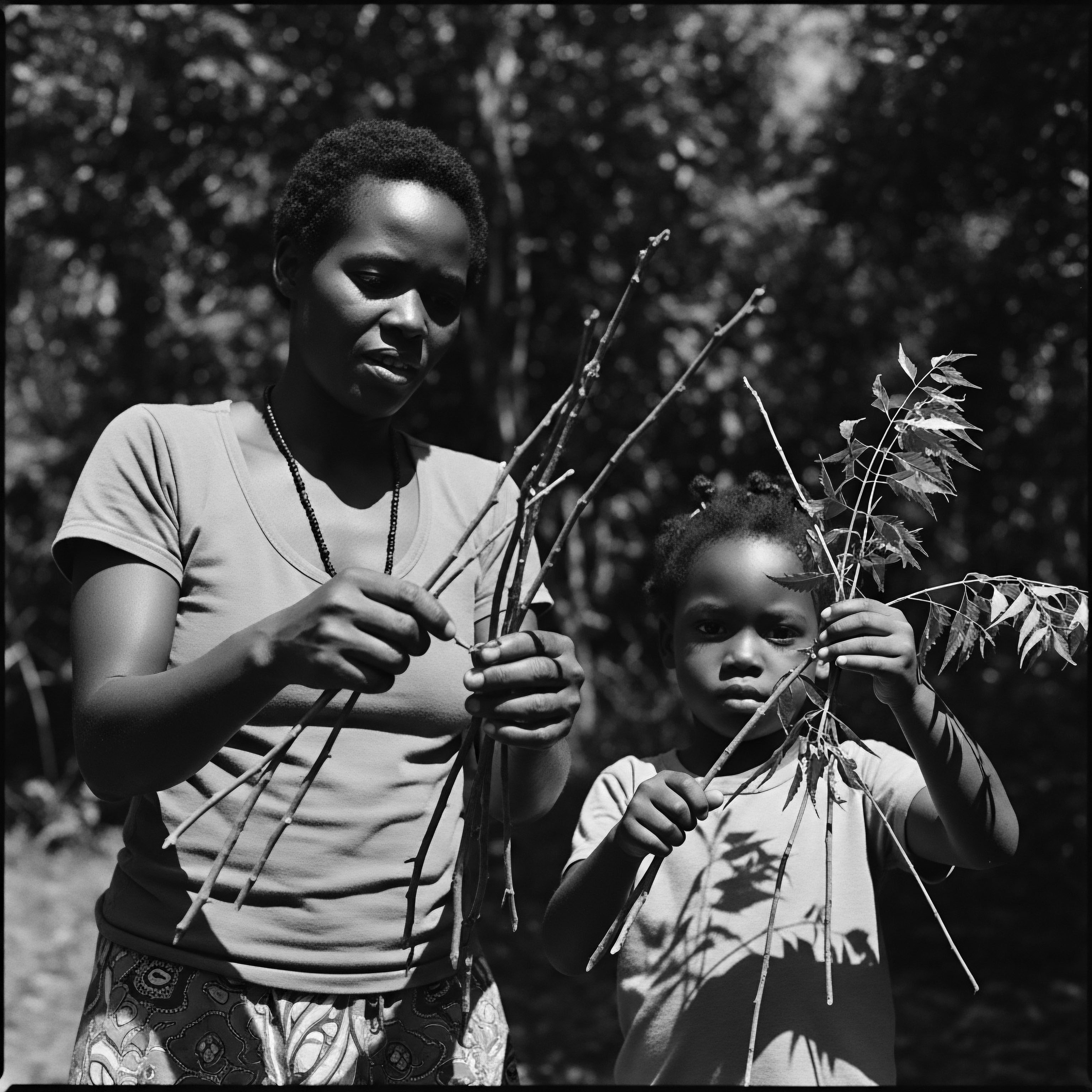Mother and Daughter Holding Plant Stems Sunlight Black and White Portrait The black and white tonality enhances the subjects' connection to ancestral roots, revealing a tradition passed down through generations. This quiet moment signifies shared botanical knowledge, perhaps using these natural elements in time-honored rituals or holistic textured hair care practices rooted in the past.