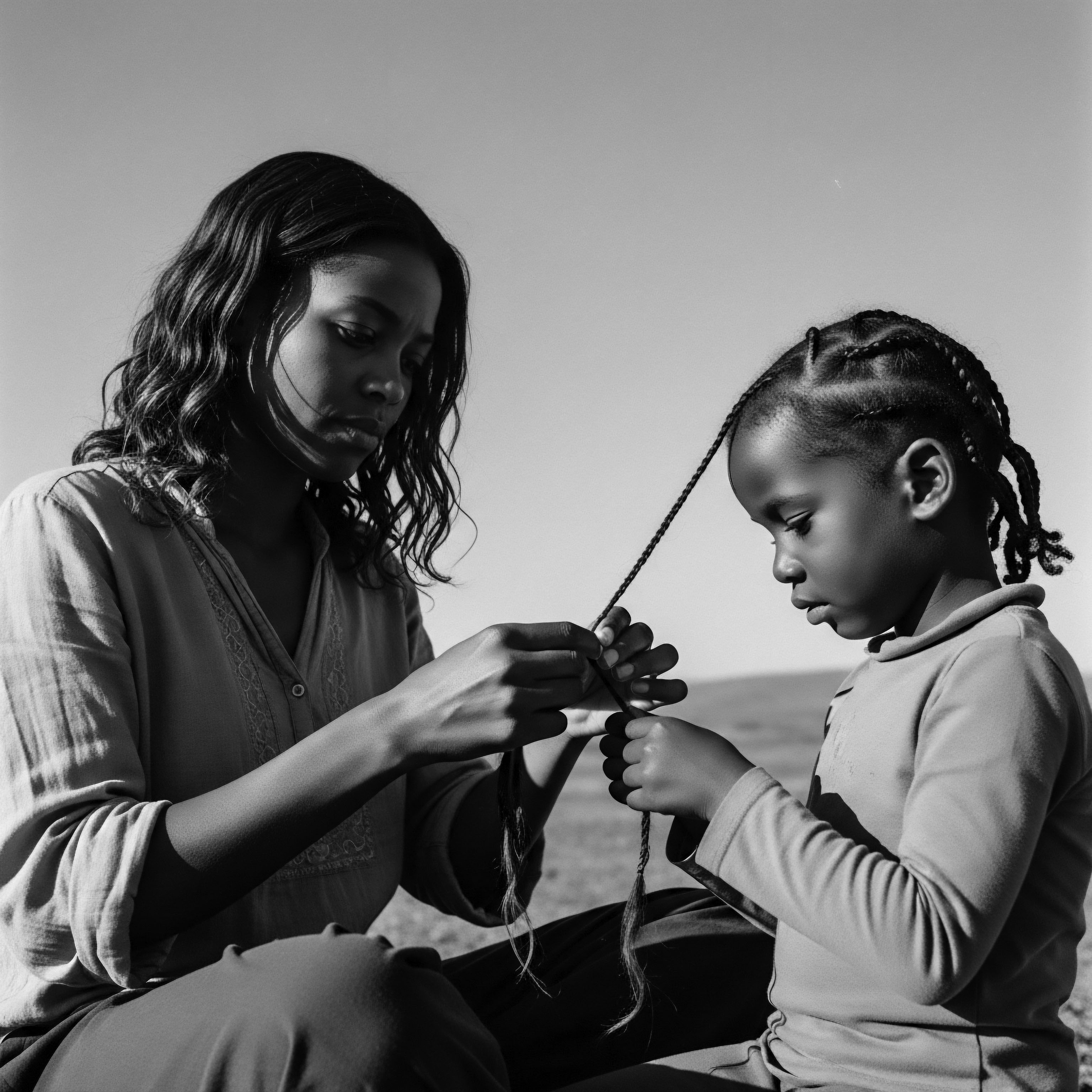 Mother Braiding Daughter’s Hair Celebrating Black Hair Traditions in Natural Light Gentle hands weave a story of heritage and love as a mother braids her daughter's textured hair, an act deeply rooted in cultural tradition and self-expression, highlighting the enduring beauty and the care inherent in ancestral techniques for healthy hair maintenance and styling.