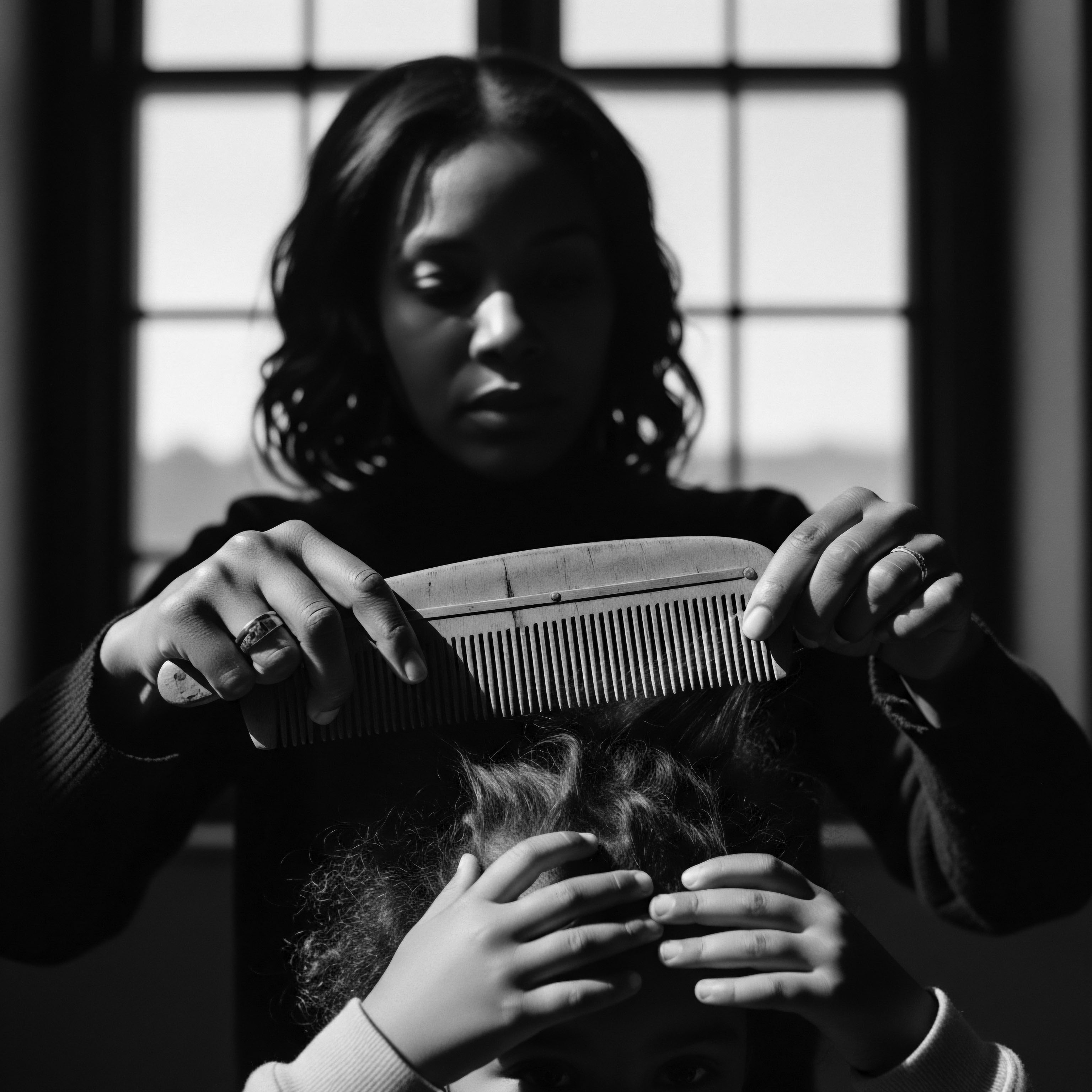 Mother Combing Child’s Kinky Hair In Sunlight Black and White Portrait Captured in stark contrast, the mother-child portrait evokes ancestral echoes a tender moment as the caregiver uses time-honored techniques to manage and nourish kinky hair, symbolizing heritage, community, and the art of expressive styling within Black hair care.
