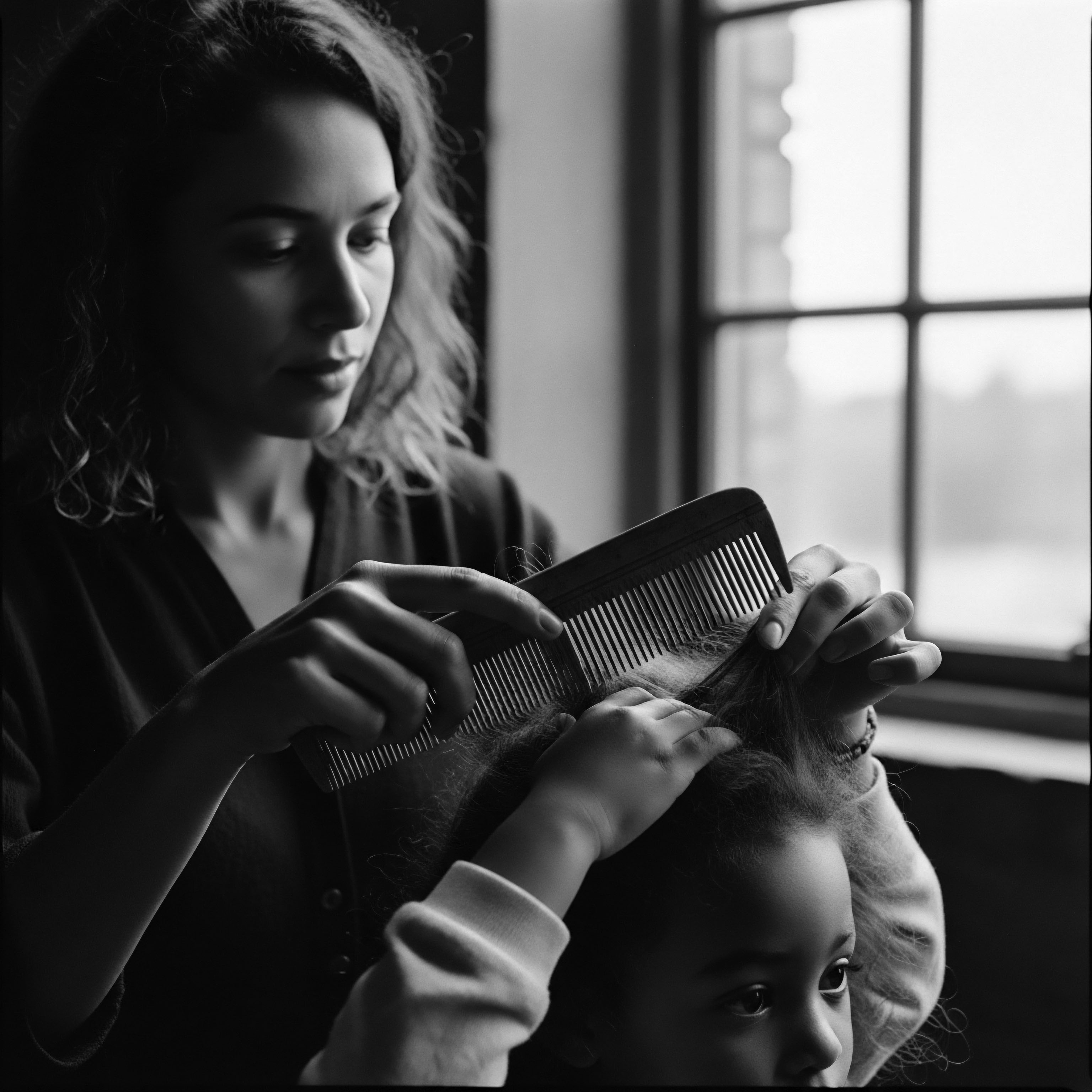 Mother Combing Child’s Textured Hair at Window Black and White Portrait This black and white portrait illustrates the ancestral practice of textured hair care, a mother nurturing her child's unique hair pattern, interwoven with heritage and holistic wellness. The simple act becomes a profound gesture of love, care, and the preservation of cultural identity through textured hair traditions.