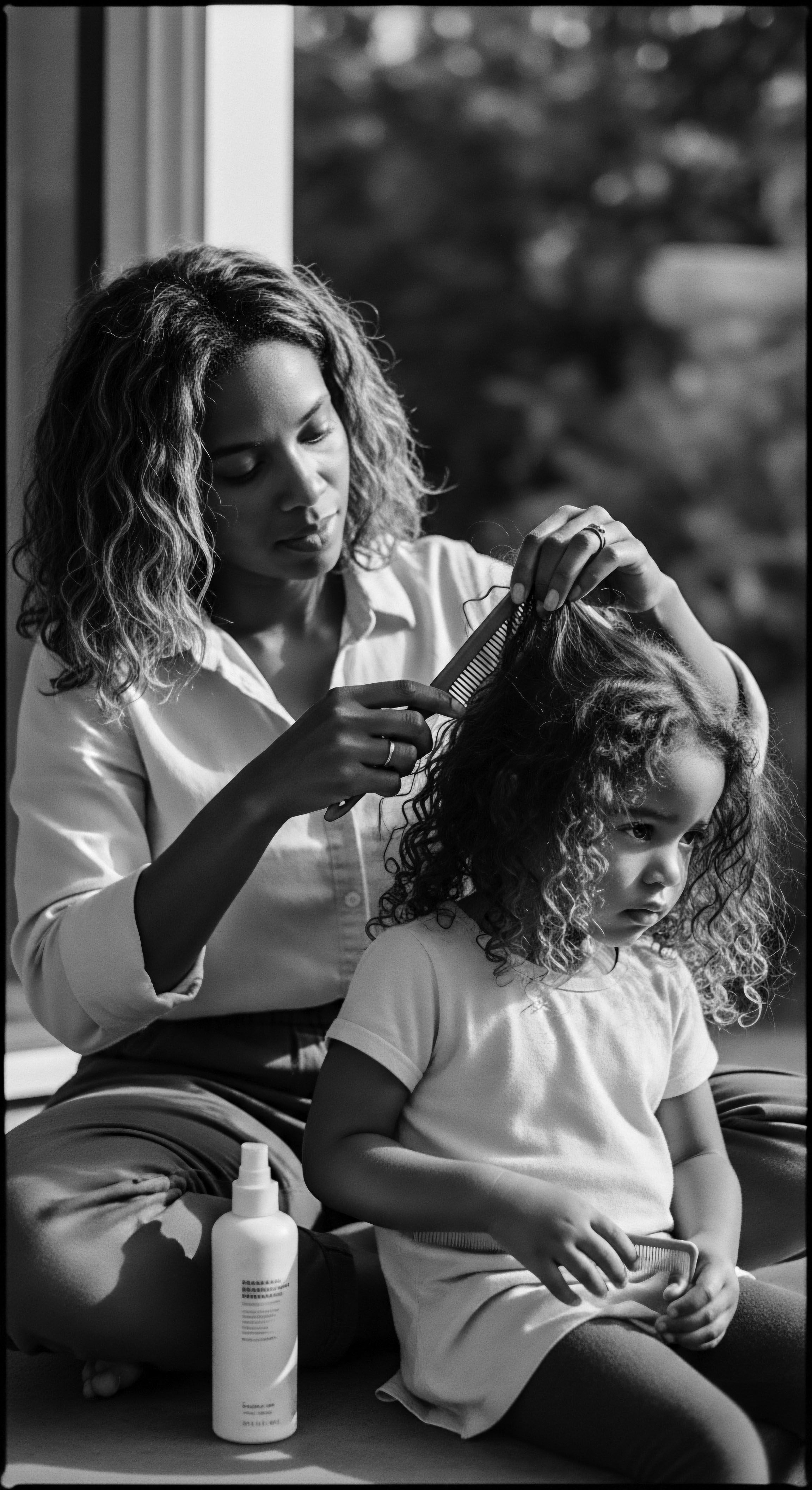 Mother Combing Daughter’s Coily Hair Sunlight Natural Style Black and White Bathed in natural light, this tender scene encapsulates a mother's care for her daughter's coily hair, using specialized products that speak to holistic wellness and ancestral heritage. This moment underscores the powerful connection, expressed through shared traditions of Black hair grooming and love.