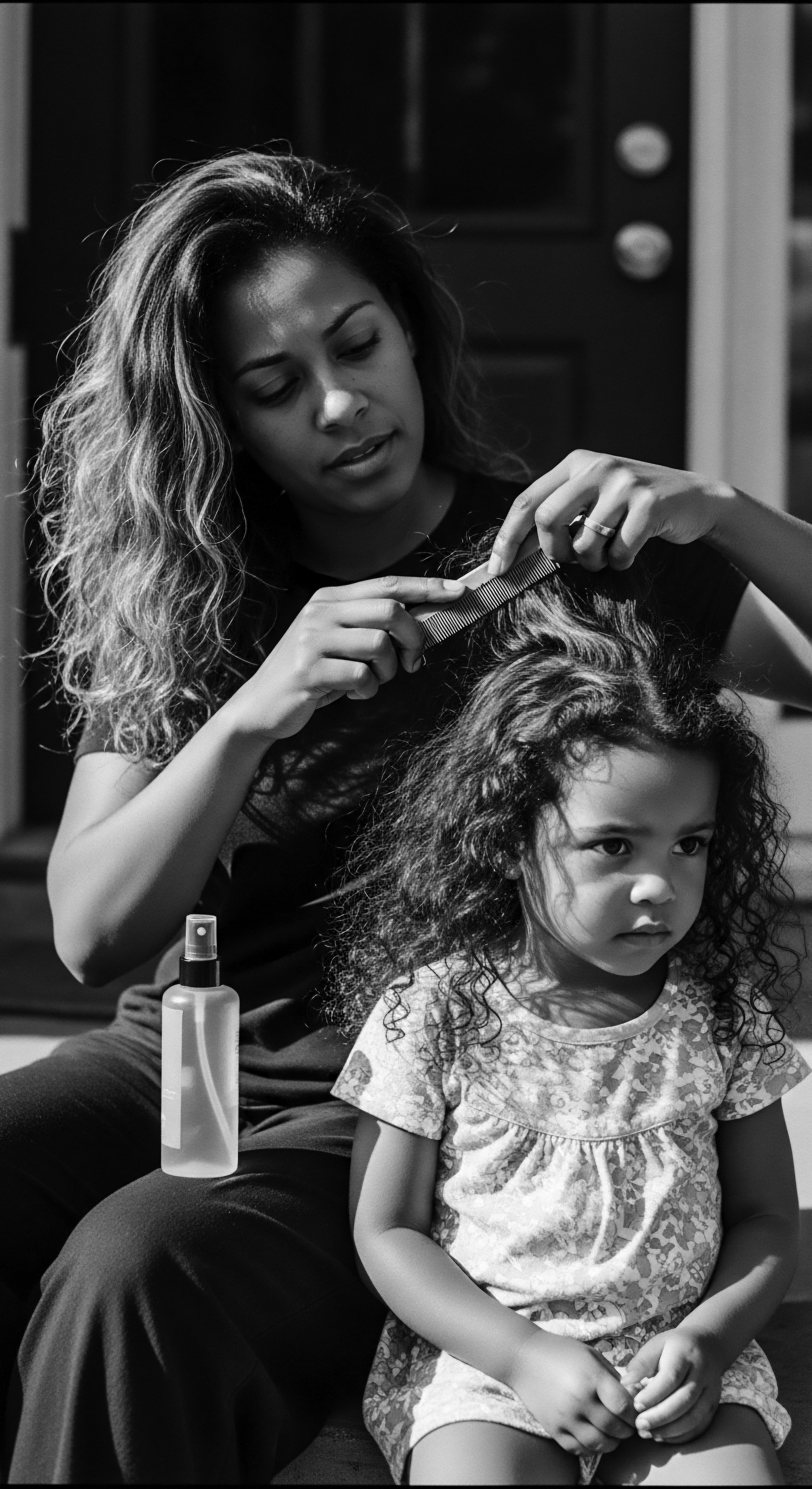 Mother Combing Natural Textured Hair of Mixed-Race Child Outdoors Sunlight Sunlight catches the halo of textured hair as a mother gently tends to her mixed-race child’s hair this nurturing act honors ancestral heritage and a commitment to the specialized care routines vital for strong, healthy, type 3C/4A curl formation, reflecting deep cultural and familial connection.