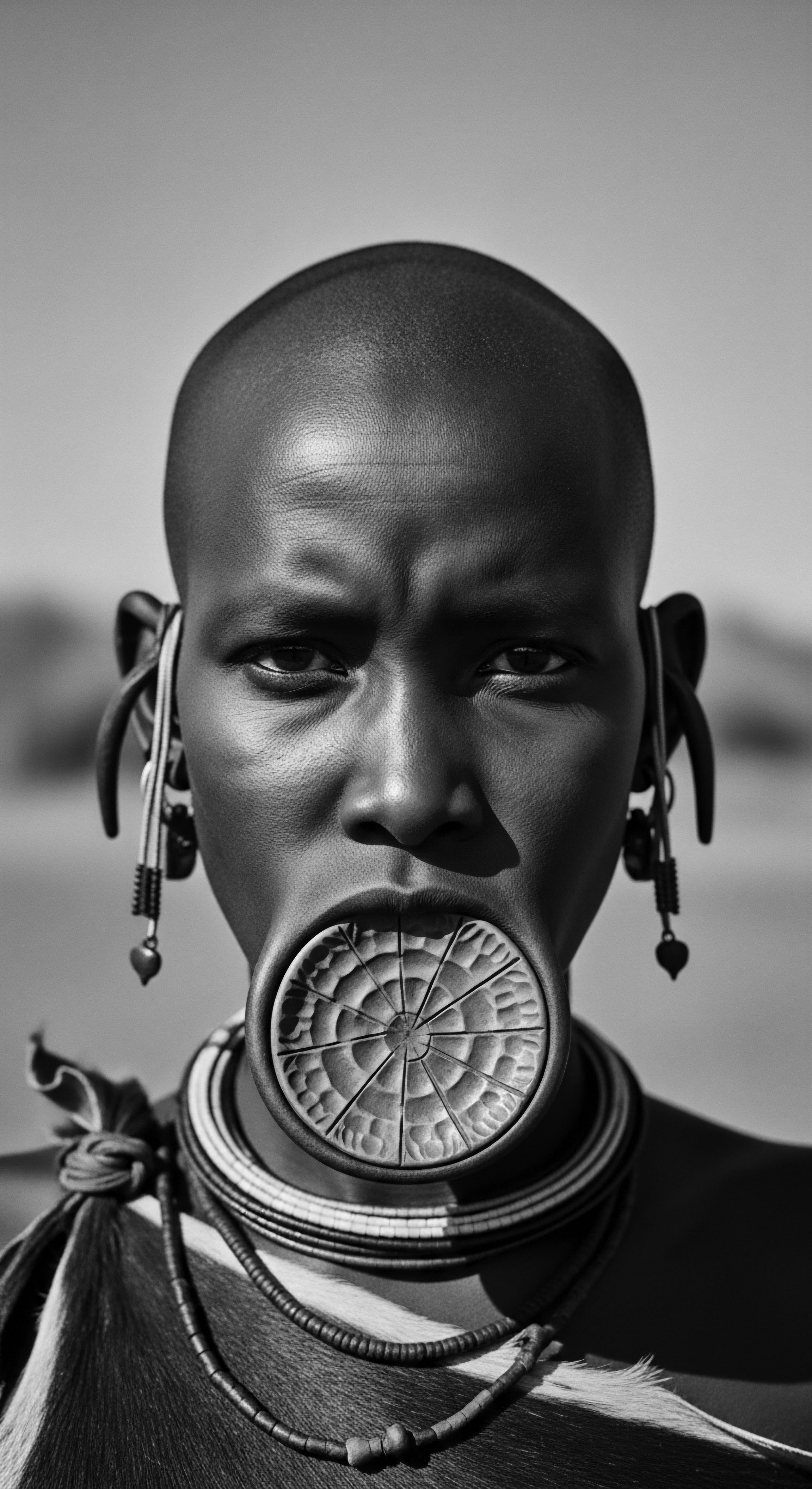 Mursi Woman Lip Plate Adornment: Black and White Portrait Study This compelling portrait captures the Mursi woman's regal presence. Her traditional lip plate accentuates cultural heritage and ancestral practices related to adornment. The contrasting textures and monochromatic tones accentuate resilience within heritage.