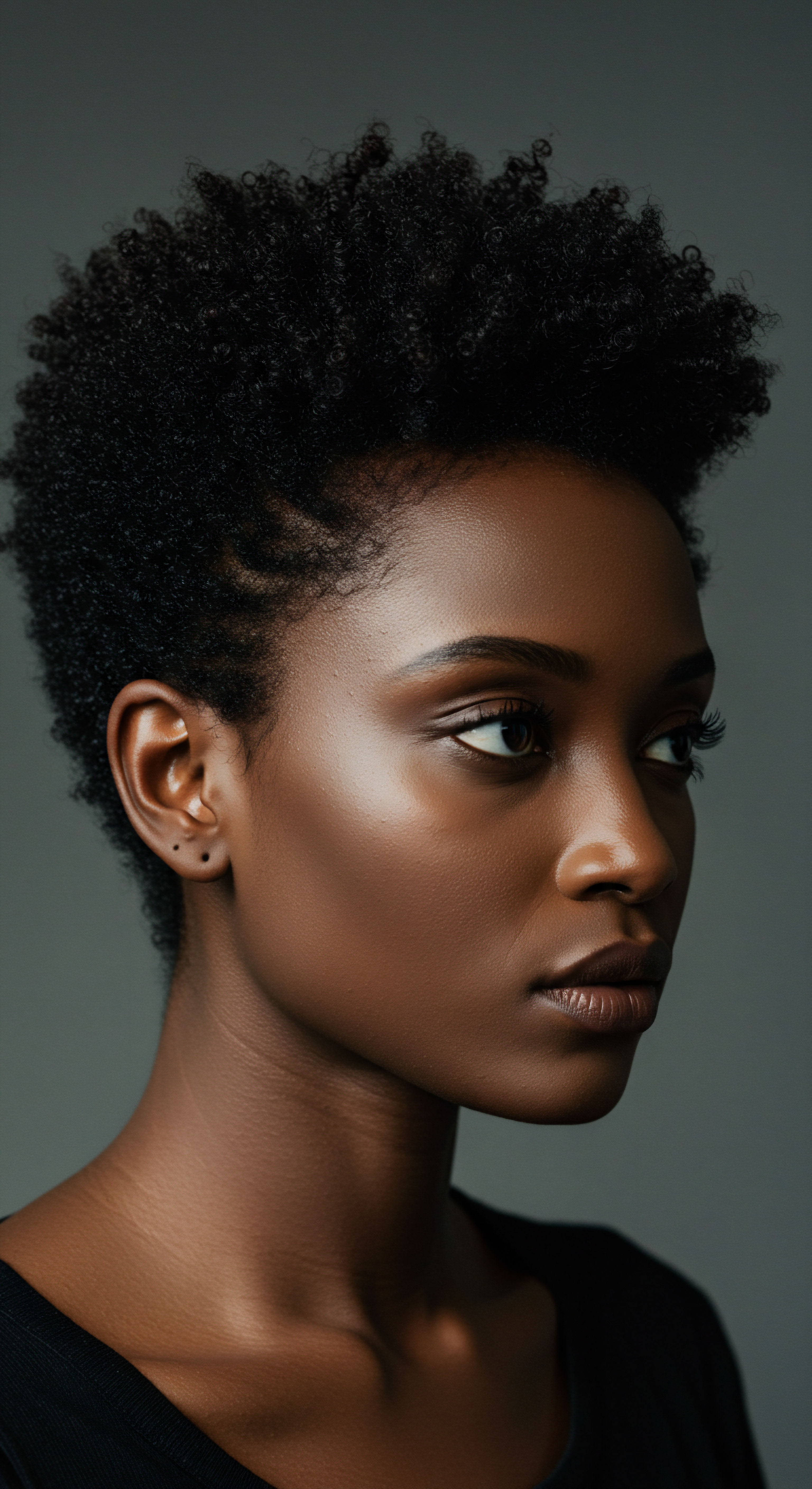 Natural Afro-Textured Coils Expert Care Heritage and Effortless Styling This portrait illuminates natural textured afro-patterned coils, a testament to dedicated Black hair routines. Remarkable definition signifies optimal porosity balance and moisture retention, showcasing ancestral heritage via purposeful styling, scalp health, and radiant beauty.