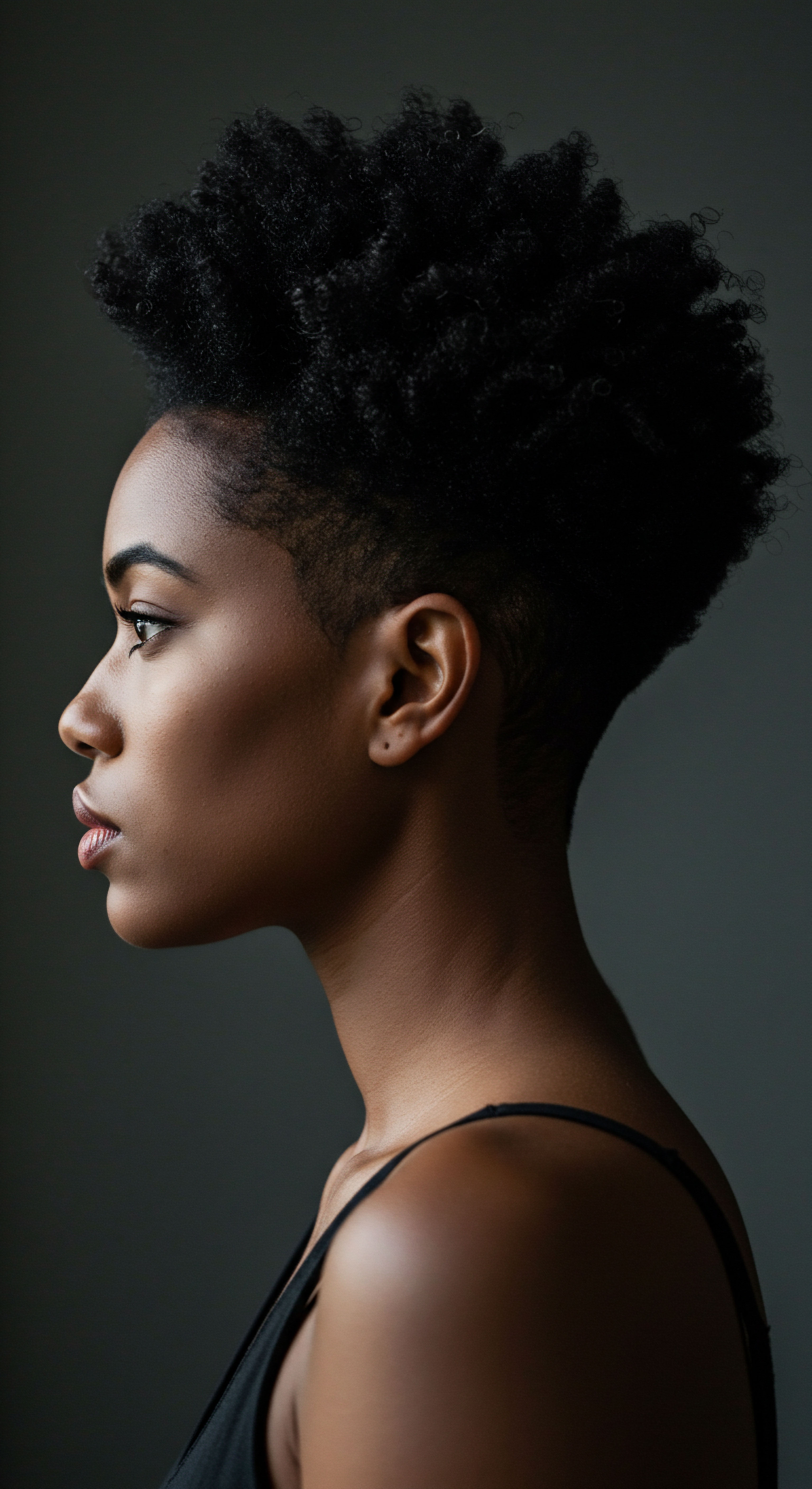 Natural Afro-Textured Hair Profile Contemporary Coily Volumetric Styling This captivating profile highlights the art of natural styling, featuring a perfectly executed tapered cut showcasing resilient low porosity coils. It embodies a contemporary approach to Black hair care and mixed-race hair heritage, emphasizing moisture retention, protective styling, and celebrating unique textural patterns with ancestral pride.