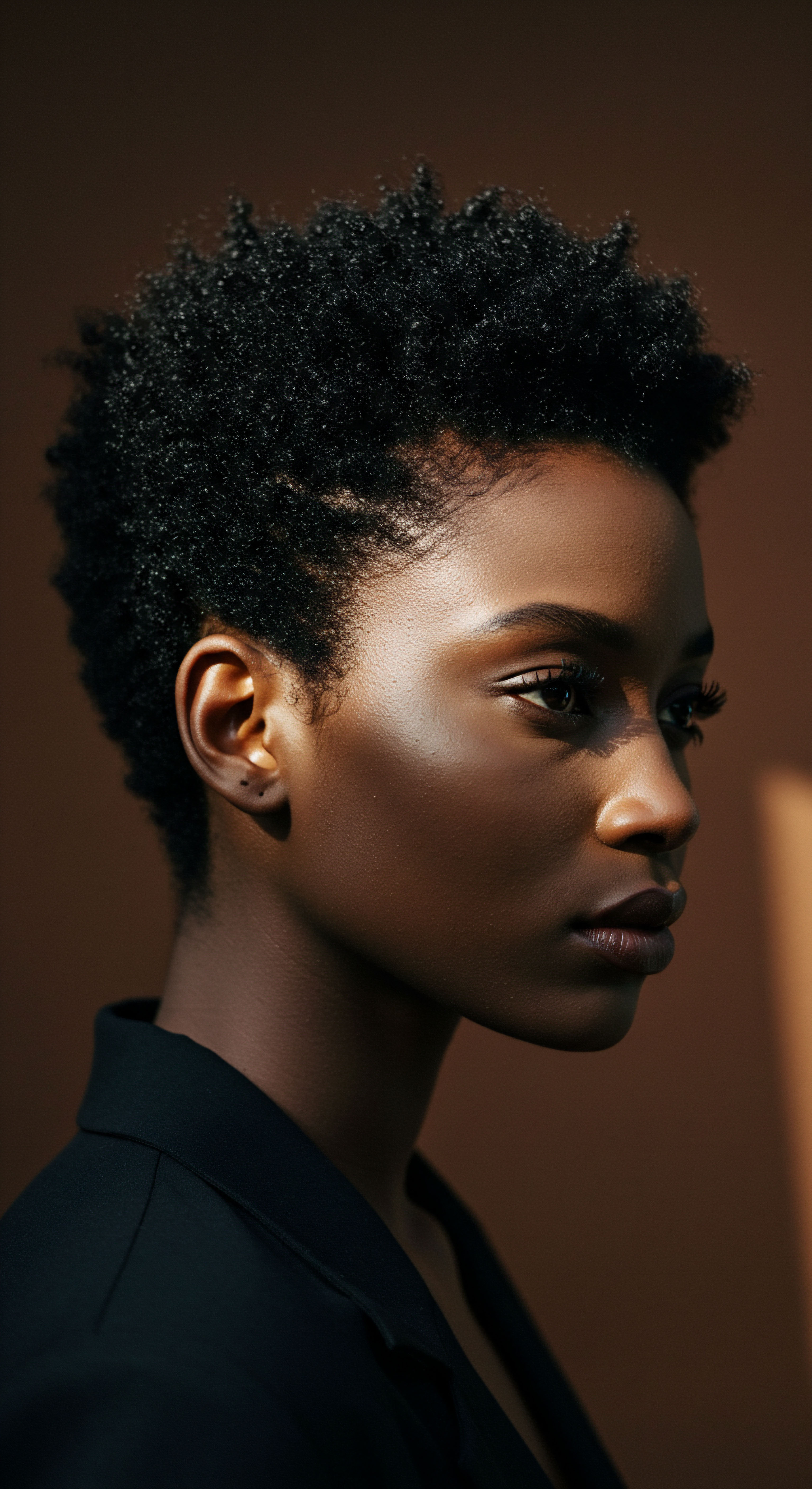 Natural Black Hair Journey Embracing Resilient Coily Pattern Care This striking profile celebrates the magnificence of tightly coily texture, beautifully illuminated to showcase luminous melanin-rich skin. It embodies a legacy of ancestral beauty, with robust strand patterns reflecting superb moisture retention, diligent scalp health, and expert minimalist styling for exceptional hair integrity and vibrant definition.