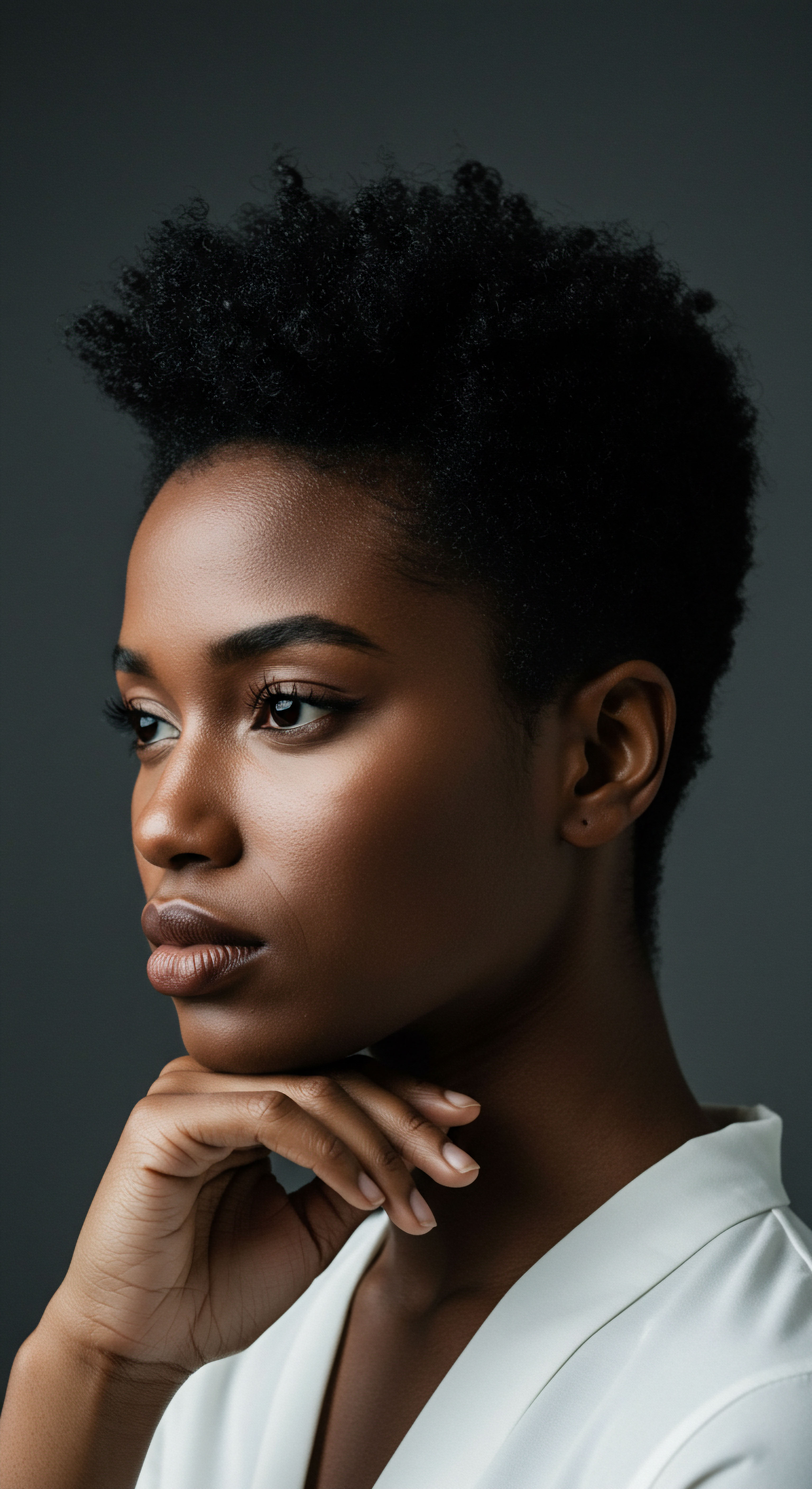Nourished Afro-Texture Coils Embodying Authentic Heritage This image captures a serene Black woman, her afro-textured hair showcasing healthy, high-density tight coils. The hair demonstrates superb texture integrity and natural elasticity, suggesting consistent moisture retention and expert natural hair care. Her reflective gaze embodies authentic beauty and cultural pride, celebrating her heritage strands and coil definition through optimal styling practices.